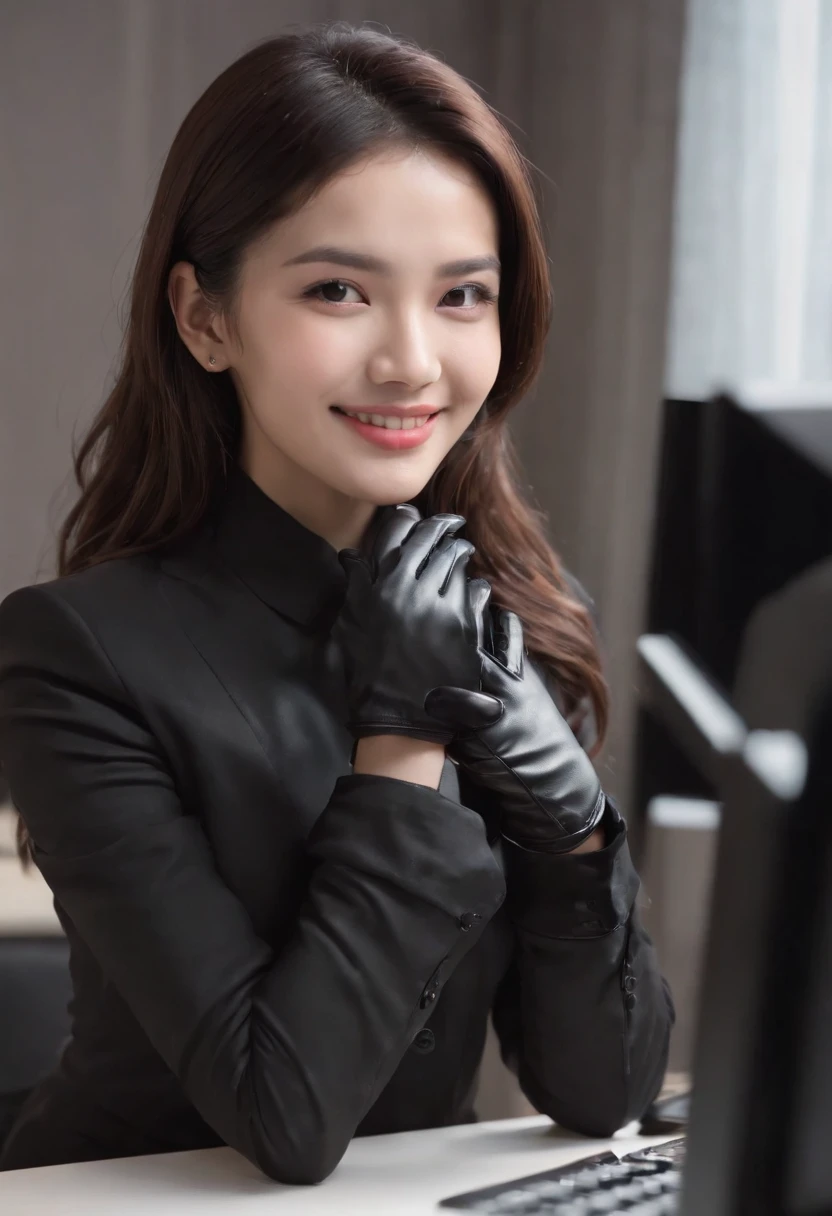 Wearing black leather gloves on both hands, Upper body, Black business suit, Facing the desk in my room with a computer in the dark, Look down and smile, Operating the computer with the fingertips of black leather gloves, Black hair was tied back for a long time, Still young and very cute Japan female new employee (Black leather gloves cover both hands)kindly smile