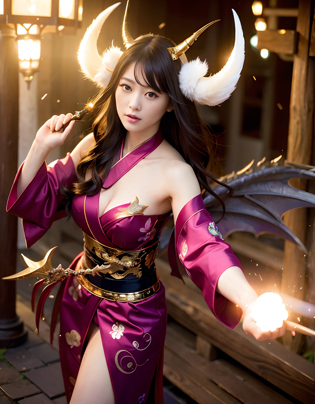 ((World of Darkness)),Professional , ​masterpiece、top-quality、photos realistic , depth of fields 、（sexypose）、Oiran hairstyle、Maiko's hairstyle、(White maple on full bloom background),（Ultimate Beauty）、A dark-haired、（shrine background)、（Kimono with beautiful pattern）、（Night background）、Beautiful hair ornament on the head、（（Precipitous cliffs））,(Wear a beautiful kimono),（Wear a beautiful kimono with colorful floral patterns）、Jewel Gold Weapon、Particles of light),(Wearing a wizard's hat）、Gorgeous gold weapons ,Castle background、（（ Gorgeous Dragon Sword）） , （a dark night）,,（maikurobikini） 、（（Black Haired Beautiful Girl））、（Castle background）、（demonic wings）、（（Gangle's forest background））、Beautiful Caucasian beauty、１a person、dynamic ungle,(((Two devil's horns on the head)))、Smaller head、Idle Smile、Thin and beautiful female hands、Mystical expression、Light Effects、intense fighting、Wind-effect、magic circles、With the legendary magic wand、Dragon's tail、Full Body Angle、