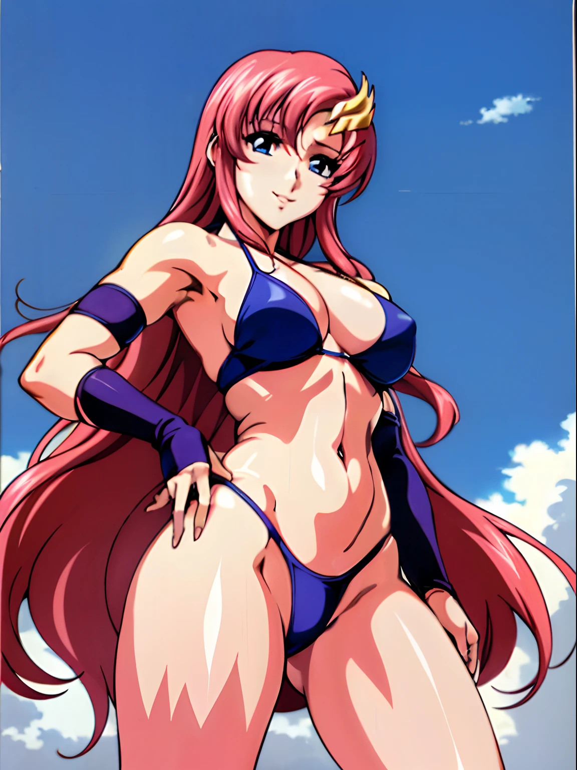 (masterpiece, upper body view, from below, 4K, Best Quality, Anime style: 1.9, , tall, Adult Woman, ultra detailed face, (cloud background, wrestling), Drawing lines, high resolution, Anime, lacus4), 1girl, Solo, curvy figure, Long hair, 鎖骨, scapular, (Detailed wide hair bangs, Hair Ornament, Detailed reddish-pink hair, golden crest), cleavage, large hands, (female wrestler). (Big blue eyes, shiny eyes), ((hands on knees, broad shoulders)), ((perfect proportions, medium breasts, long belly)), (((bikini, pink wrestling gear))), happy, smile, (standing, looking at the viewer)