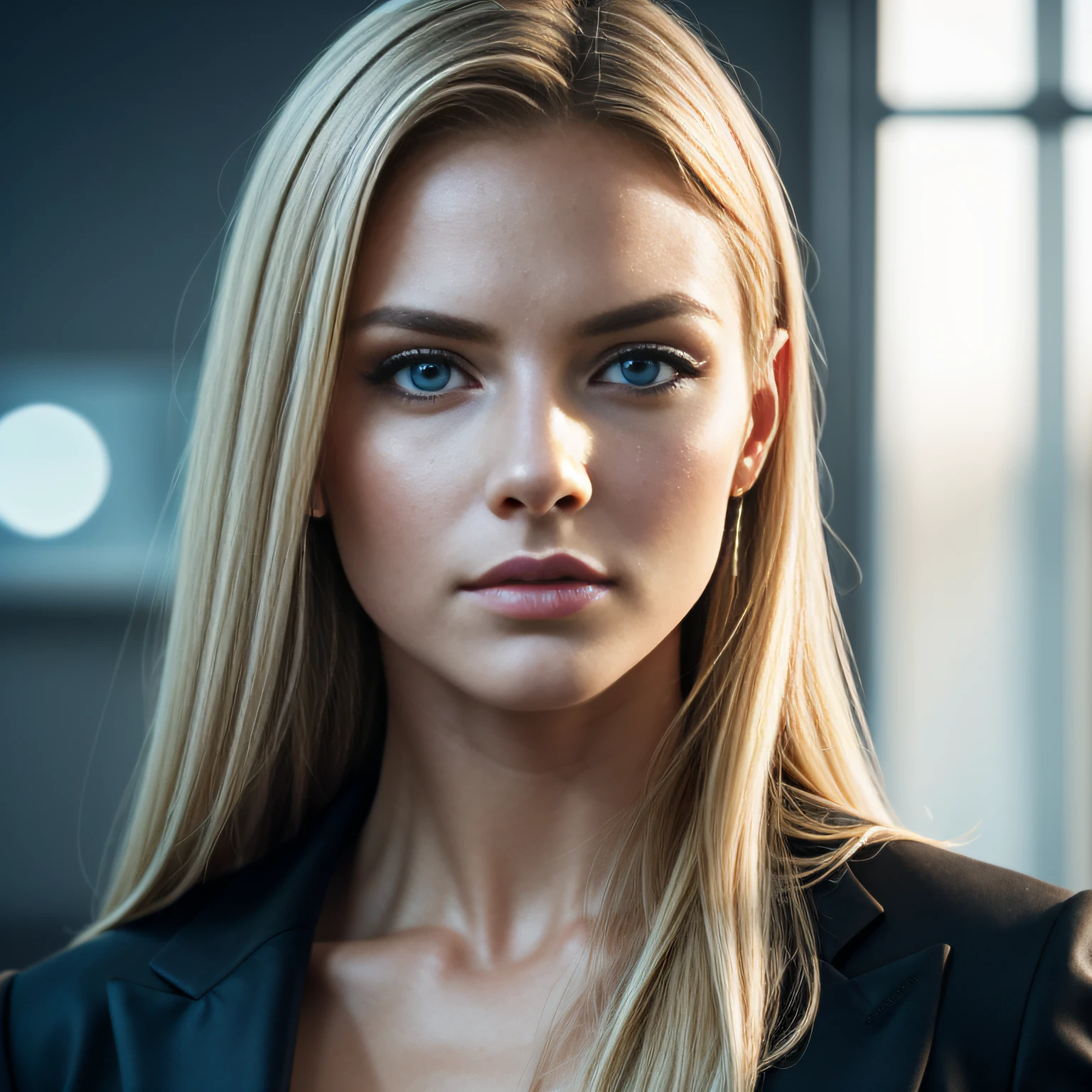 professional full body photo, (4k photo:1.1) by (Jeremy Lipking:0.3), (Dittmann Anna:0.3), (Arian Mark:0.3), (Sharp focus:1.3), high detail, elegant business woman, classic business suit, office, corner office, lawyer office, blond hair, Light blue eyes, instagram model pose, confident, fit girl, lean girl, Large breasts:1.2, perfect anatomy, perfect symmetry:1.2, realistic, realistic face:1.2, perfect face, happy, confident, highly detailed, and dramatic, cinematic lighting, bright scene, soft lights, an extremely delicate and beautiful, extremely detailed , Amazing, finely detail, beautiful detailed light blue eyes