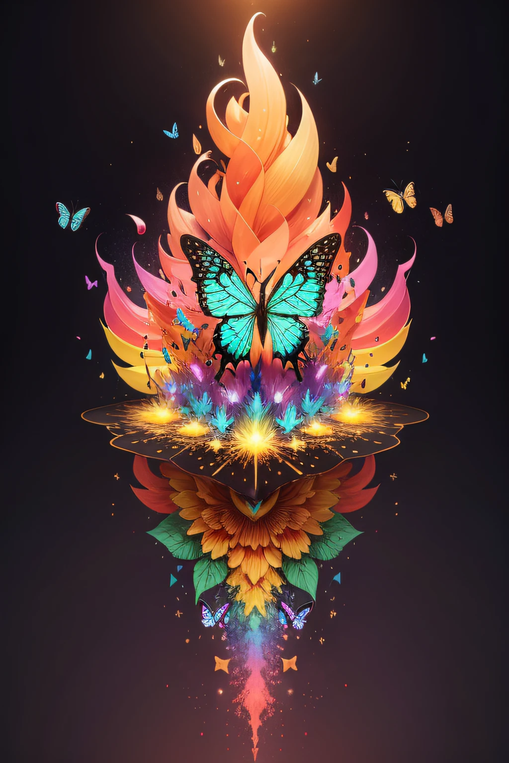 A sublime surreal artistic explosion of colorful magic chrystalline butterflies