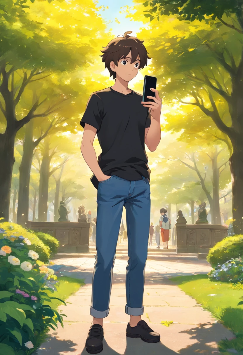 a young man with black t shirt and a jeans , standing in a park , holding his phone with one hand and using him , its sunny , a bit far from him there is an old woman that fell on the ground , Extreme Long Shot , wide shot