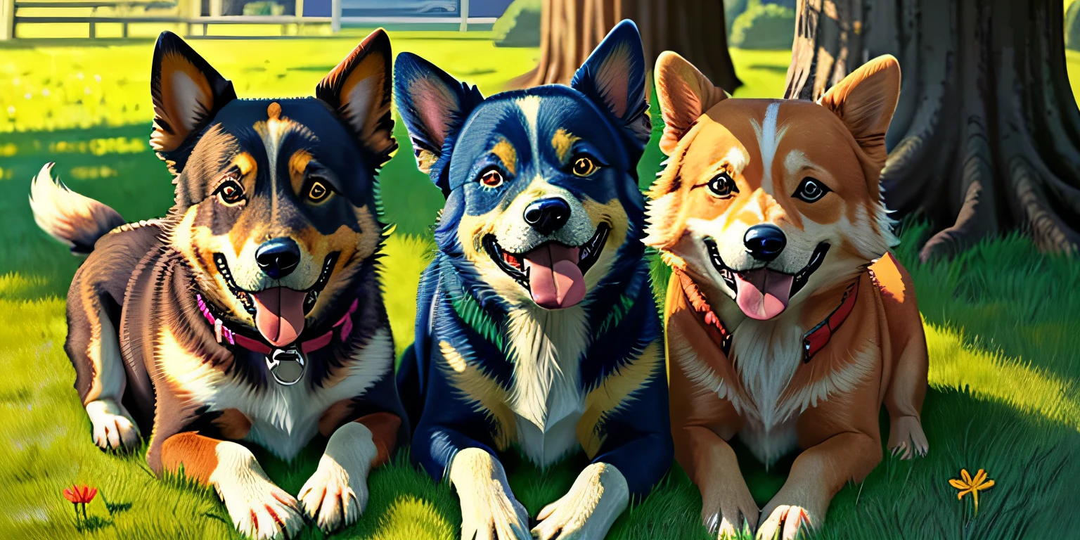 2boys,2girls,siblings,child,backyard,dogs,bright sunny day,(masterpiece:1.2),(illustration:1.2),(best quality:1.2),(cinematic lighting),(sharp focus),(detailed faces),(joyful expressions),(colorful clothing),(green grass),(tree shadows),(playful poses),(vibrant colors),(smiling dogs),(happy atmosphere)