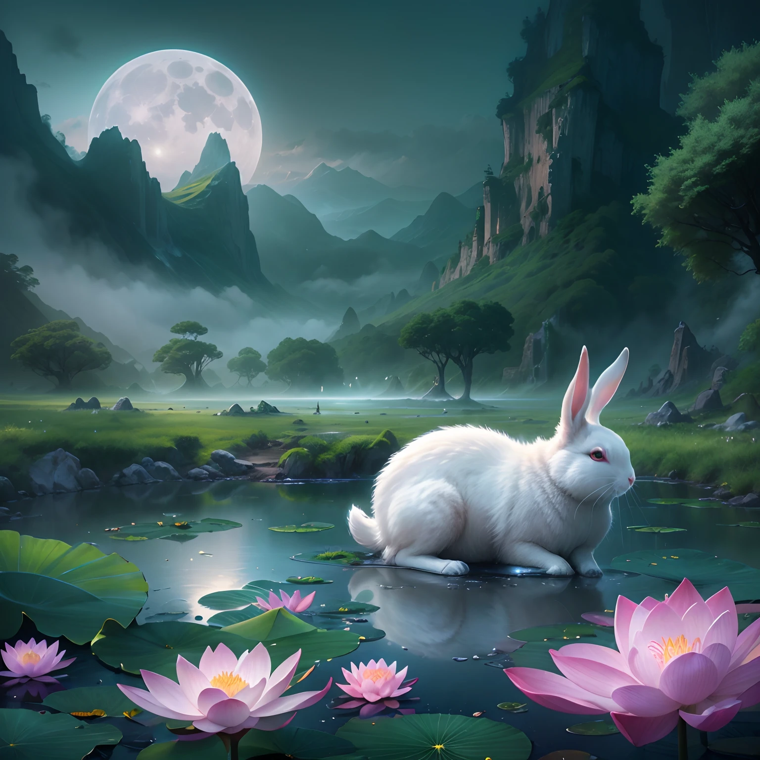 Huge Full Moon，Translucent ethereal animal rabbit，lotus flower，Lotus leaf，Green mountains in the distance，Mist landscape，tmasterpiece，high qulity，UHD resolution，Reasonable composition，16k,hyperrealistic fantasy art，Epic, Beautiful dream art，Epic digital dream art illustration