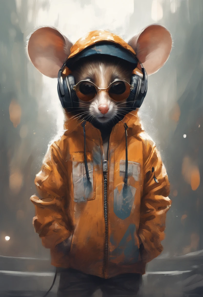 Perfect centering, Cute mouse, Wear a student team jacket, Wearing sunglasses, Wearing headphones, cheerfulness, Standing position, Abstract beauty, Centered, Looking at the camera, Facing the camera, Approaching perfection, Dynamic, Highly detailed, Smooth, Sharp Focus, 8K, hight resolution, Illustration, art by carne griffiths and wadim kashin, White background