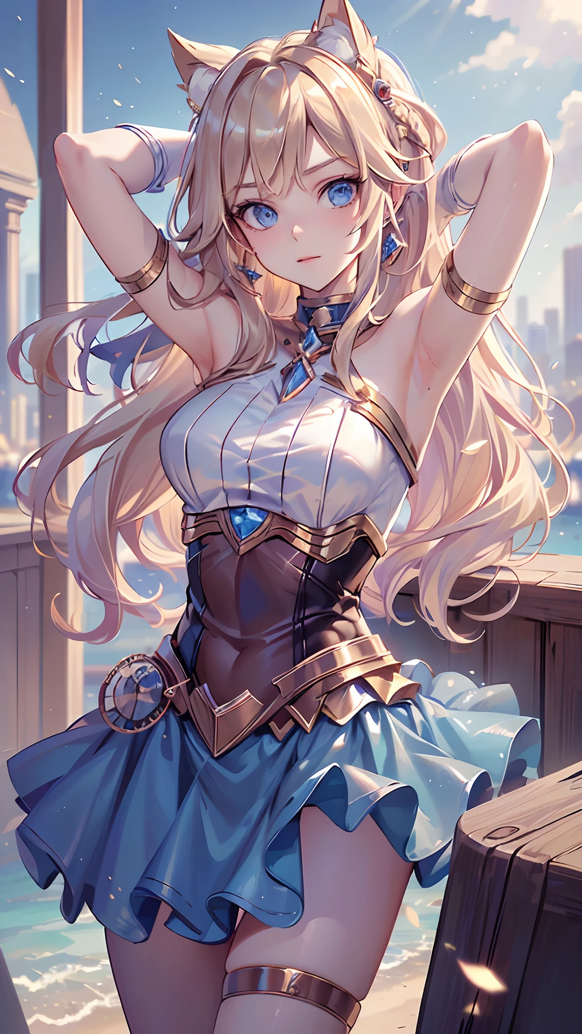 ((Best quality, Masterpiece, Nonsense)),1girll:1.9, Sexy, ( 18 years old, Expressive blue eyes, shoulder-length blonde hair, Long hair,Loose and fluffy hair),Dressed Supergirl cosplay (Super Girl Suite custom role-playing), short red dress,eechi, Terrace in 1 building
