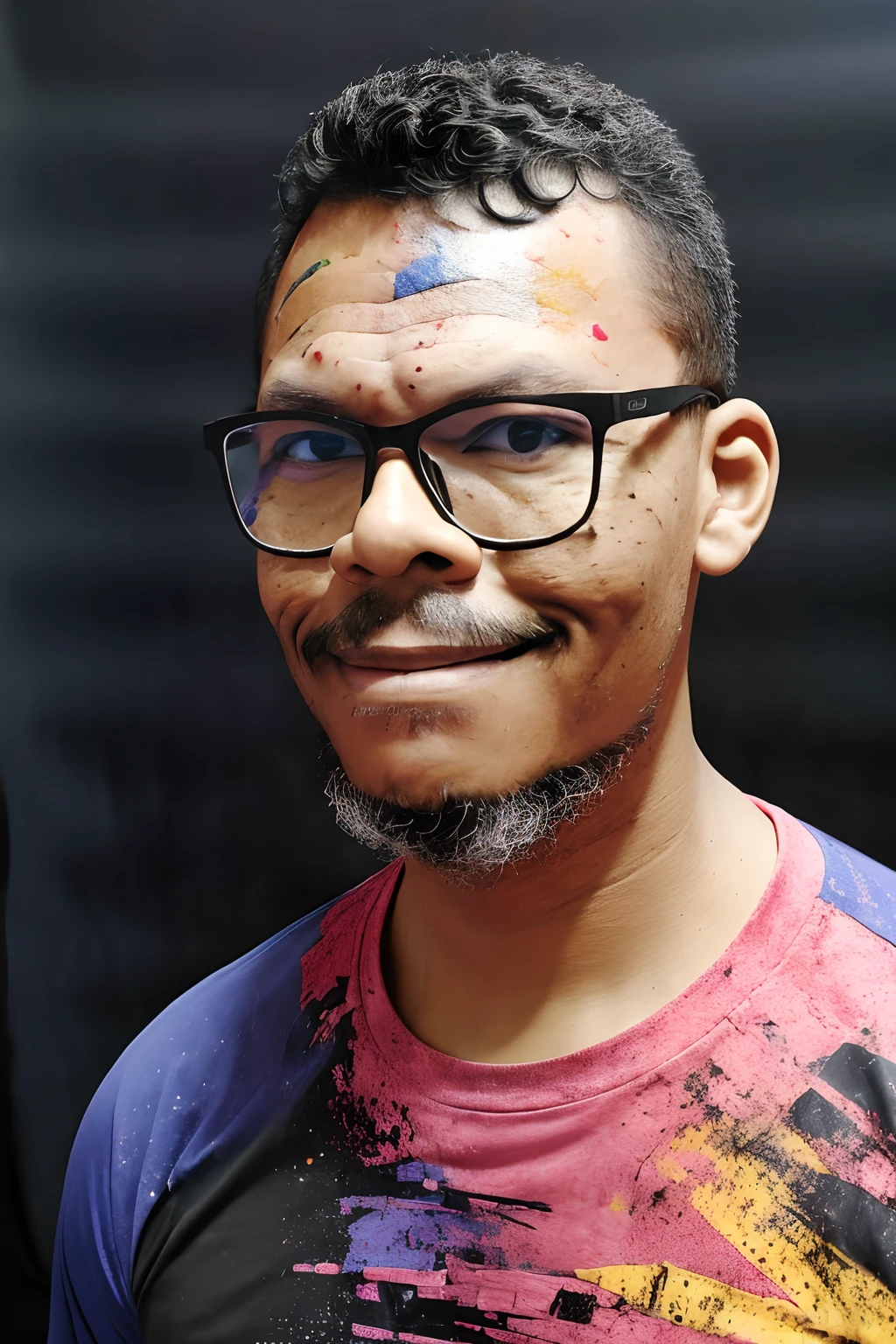 guttonerdvision10, a 3x4 document-style photograph. Portrait from the chest up of a man wearing glasses, with colorful paint splattered on his face and clothes, body and gaze facing the camera, dressed in a horizontally striped T-shirt with all 7 colors, very colorful. Black background, and as it's a studio photograph, utilize all appropriate lighting resources. 8K resolution.