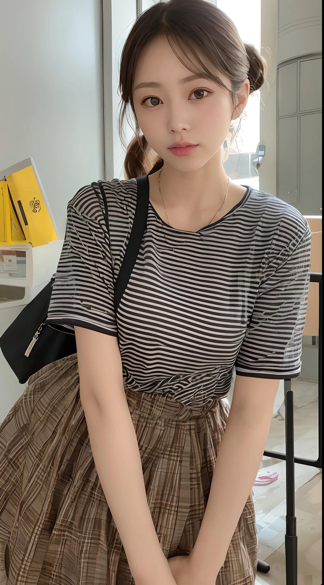 ((Best quality, 8k, Masterpiece :1.3)), Sharp focus, upper body, A pretty woman with perfect figure, slender thigh, big breast, ((dark brown hair)), (tight t-shirt, short skirt, sneakers, hair ribbon), (sitting), ((rooftop, starry night)), Highly detailed face and skin texture, Detailed eyes, Double eyelid, close up, smile