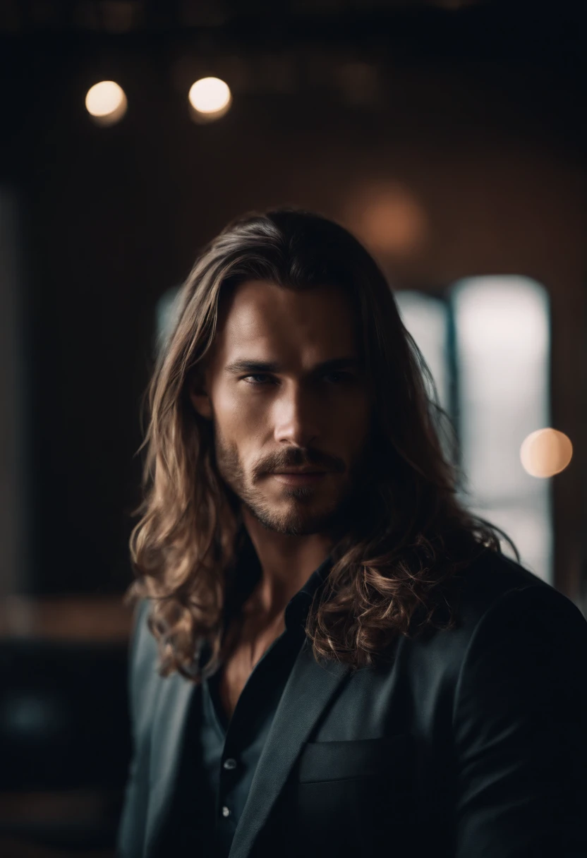 Storng attractive man with long hair and sexy look