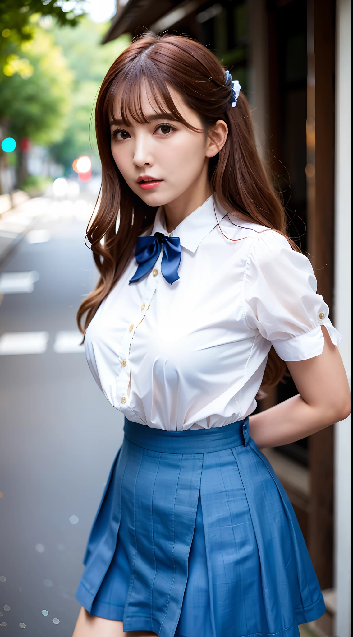 iulora, 1girll, 独奏, realisticlying, best qualtiy, nikon RAW photo,8 k'',富士XT3,tmasterpiece,超高分辨率,hdr,8K,A high resolution,(realisticlying:1.4),(Realistic damp skin:1.2),(22yo:1.3),Detailed eyes,long whitr hair,(light-blonde hair:1),Close-up portrait,Small face,Qi bangs,Look at the lens at a 45-degree angle from the side of the face,Stand on the streets of Tokyo,Street depth of field,Background with,Cinematic lighting effects,Gigantic big tits:1.2,A white shirt with short sleeves:1.1,dark blue bow tie,Short dark gray horizontal patterned skirt,shyexpression ,Raised sexy,Lovely,is shy:1.4,jpn