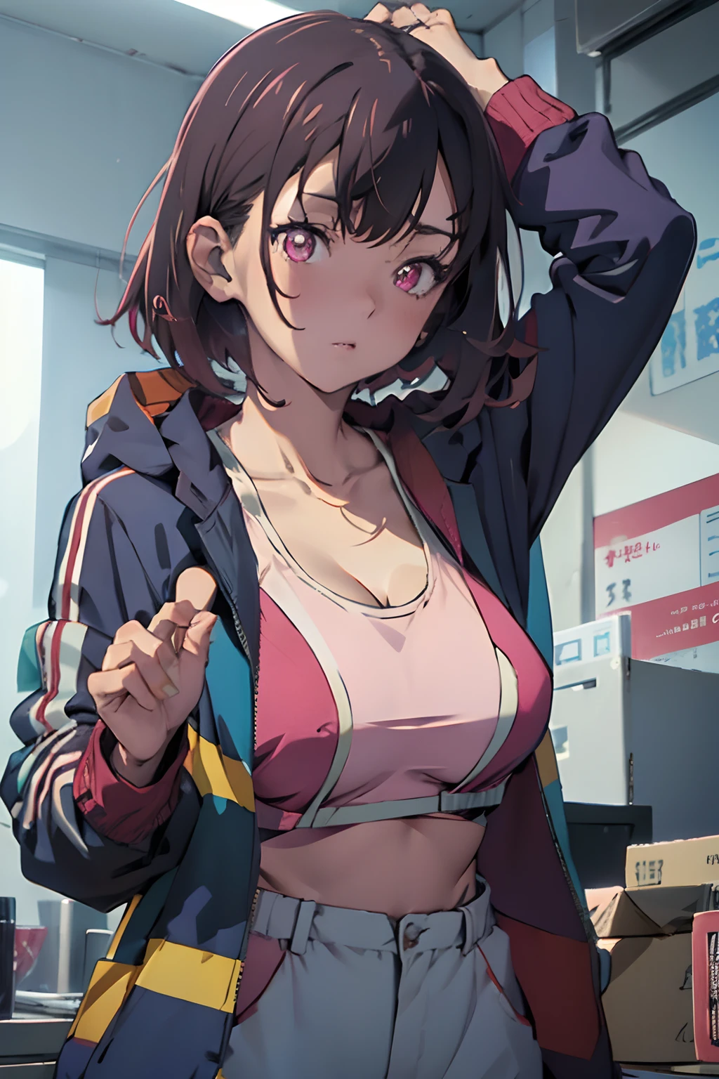 masutepiece, Best Quality, High resolution, Ultra High Resolution, depth of fields, Short hair, Brown hair, Pink eyes, hair pin, Long sleeves, cleavage, Big Tits, 鎖骨, Jacket, Jacket Off, Jacket open, Blue jacket, Sports Bra