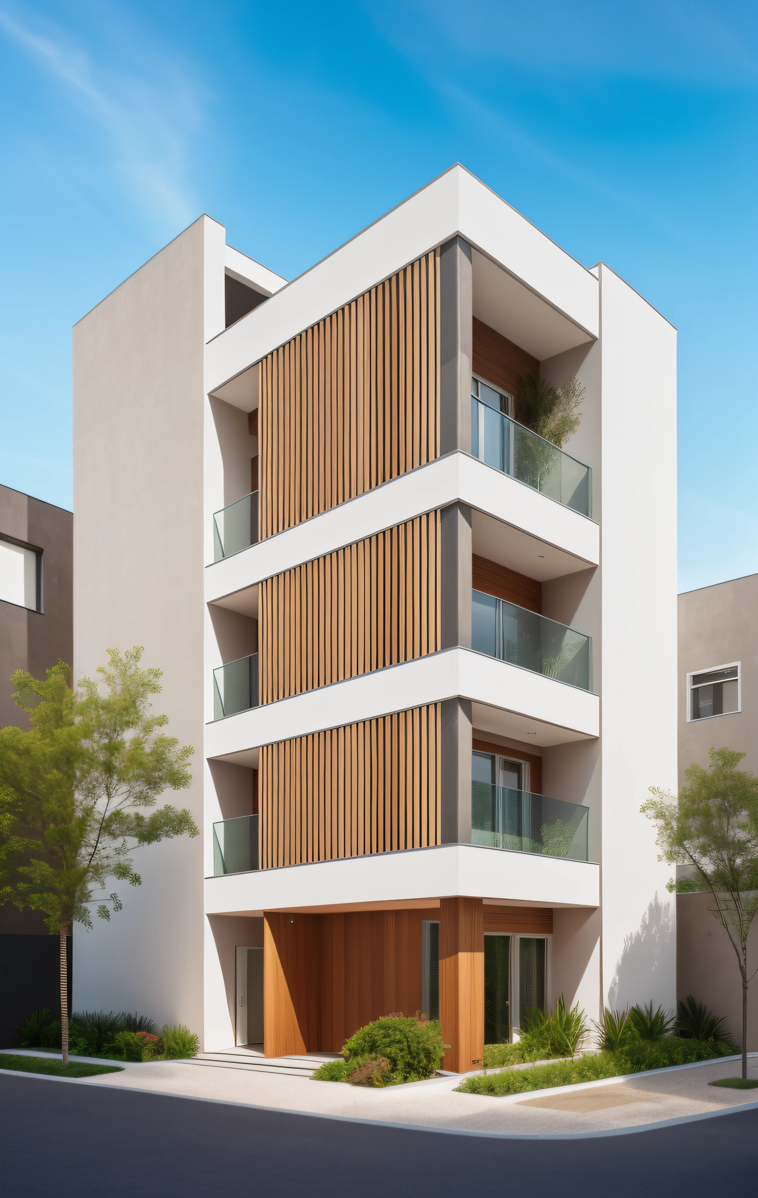 a view of a modern townhouse, main material by white wall and stone and wood,3rd corner house,standing wooden slats, glass railing,iron column I, 1 road runs in front of the house, (RAW photo, real, best quality, masterpiece:1.2), look morden minimalist, 1 road in front of the house, shime ring light, light brighteness from indoor:1.2, dynamic lighting:1.3, (hyper realistic, photo-realistic:1.2), high quality, day lighht, hight contrast :0.5 perfect lighting, archdaily, award winning contemporary, contemporary masterpiece, well-designed masterpiece, neotraditional modern, midcentury modern, contemporary house, hip modern vibe, a long-shot from front, award winning modern design, stunning lines, residential, subtle detailing,Green tree in front of the house, (((sunset light))),house in residential area, ((white wall), (light inside the house)