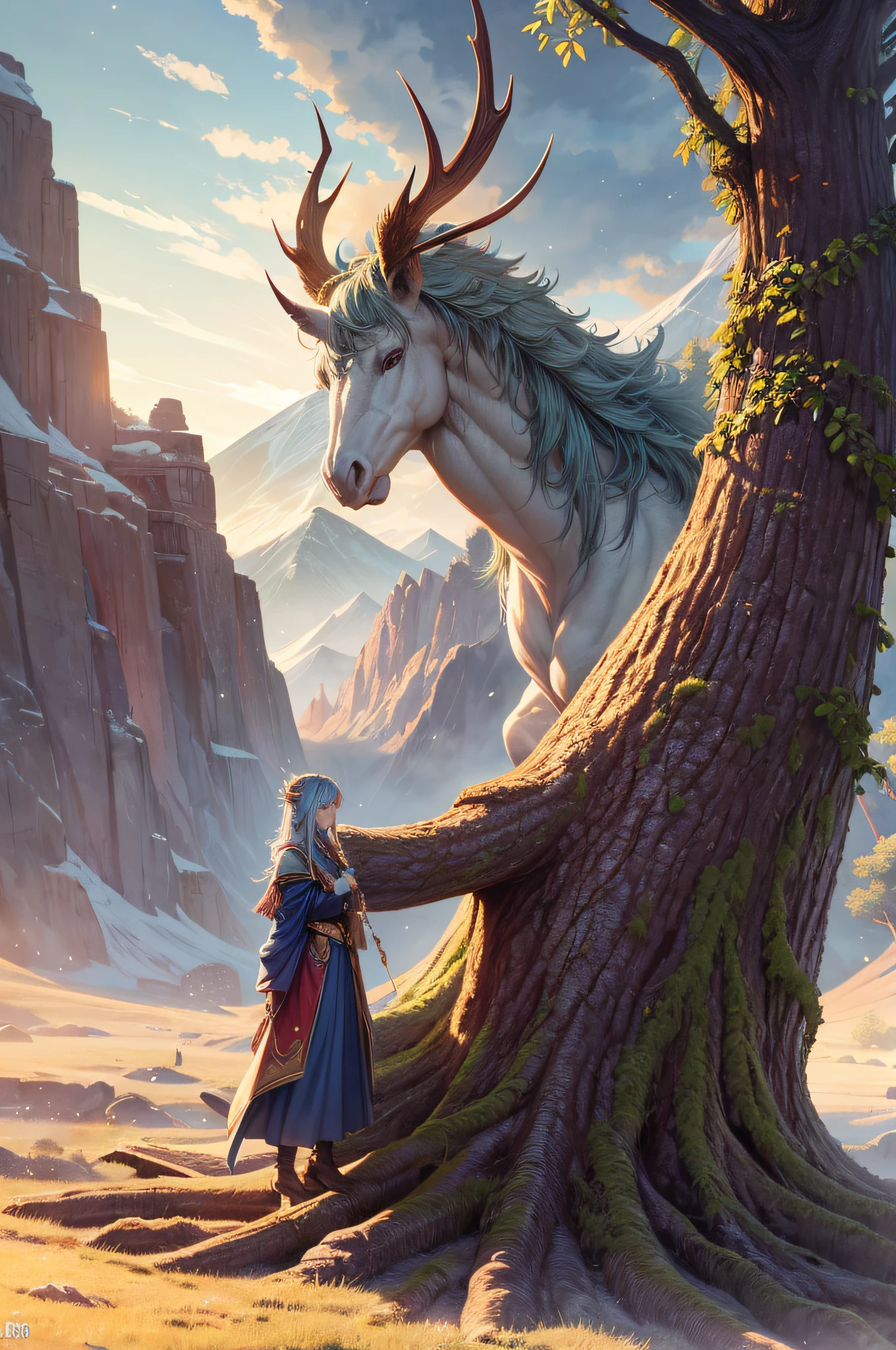 Colorful scenario, The World Tree, A large elven tree, Yggdrasil, fentezi, Flora and fauna, very green, woods, An incredibly large tree rises on top of all the trees, rocks, A lot of trees, mountain, mist, spectral, Magic, superior, an artistic, Clouds, ombre, dynamic, rich composition, Intricate, landscape, Incredibly beautiful sky, stars in thr sky, Anime with small details, Best Quality, Masterpiece, Ultra-detailed, Beautiful, hight resolution, Original,CG 8K ультрареалистичный, perfect artwork, hyper realistic, Ultra Detailed, dramatic  lighting, (Realistic) Realistic, Full HD, Best Quality, Best Quality, Beautiful lighting, (8k wallpaper of extremely detailed CG unit), High Details, sharp-focus, The art of dramatic and photorealistic painting,