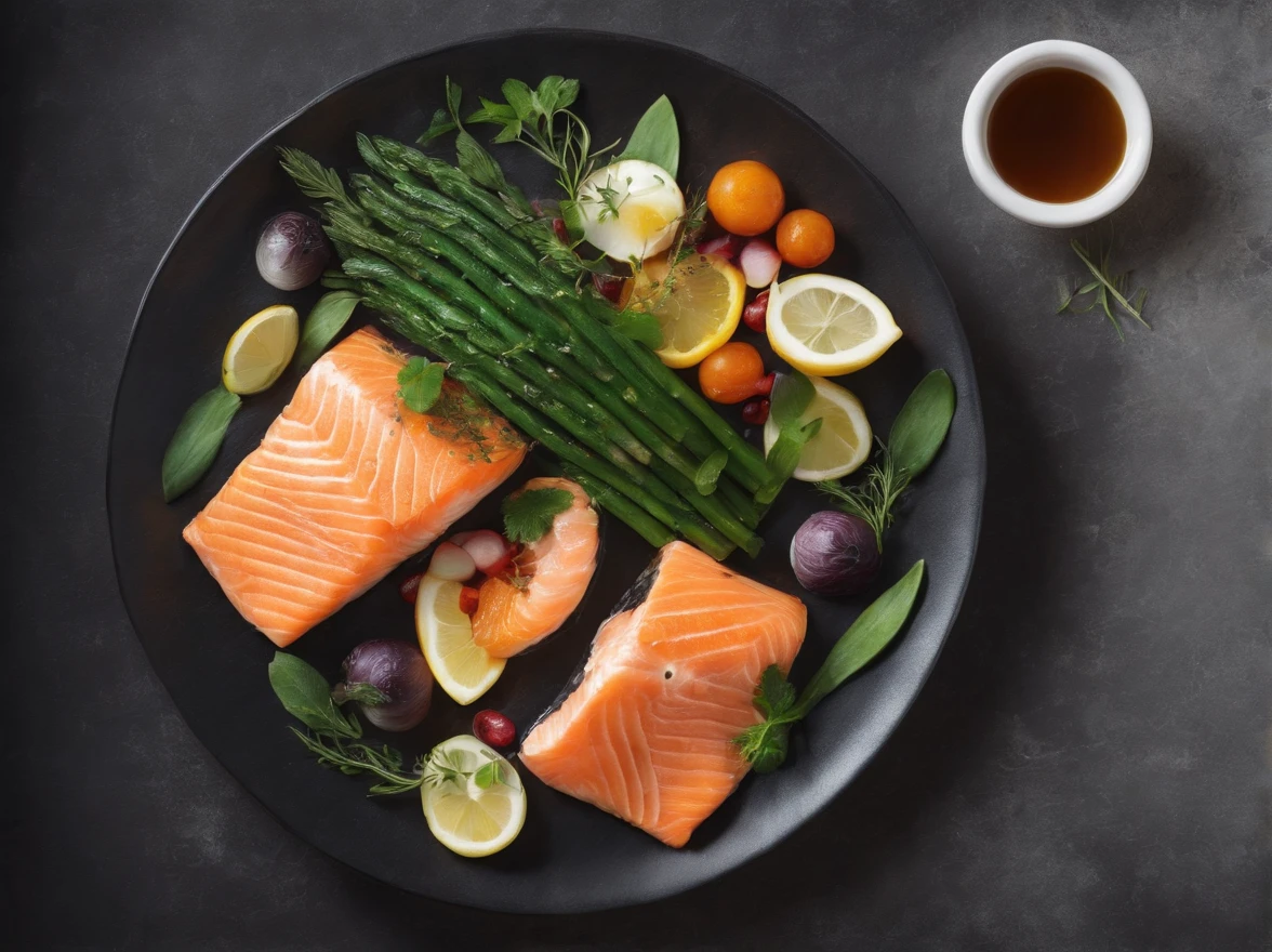 4k high quality, 8k ultra high resolution, beautiful photo,
Herb Roasted Salmon, restaurant table