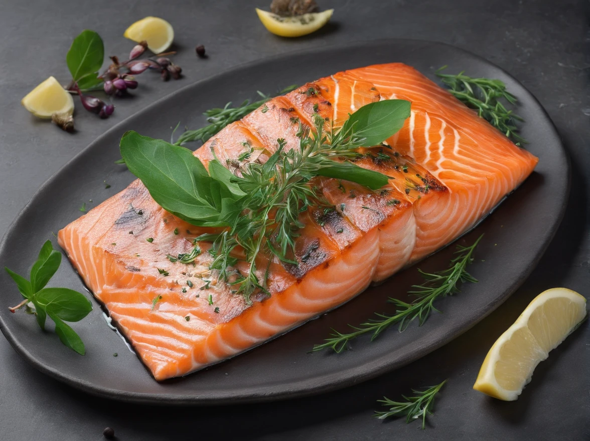 4k high quality, 8k ultra high resolution, beautiful photo,
Herb Roasted Salmon, restaurant table