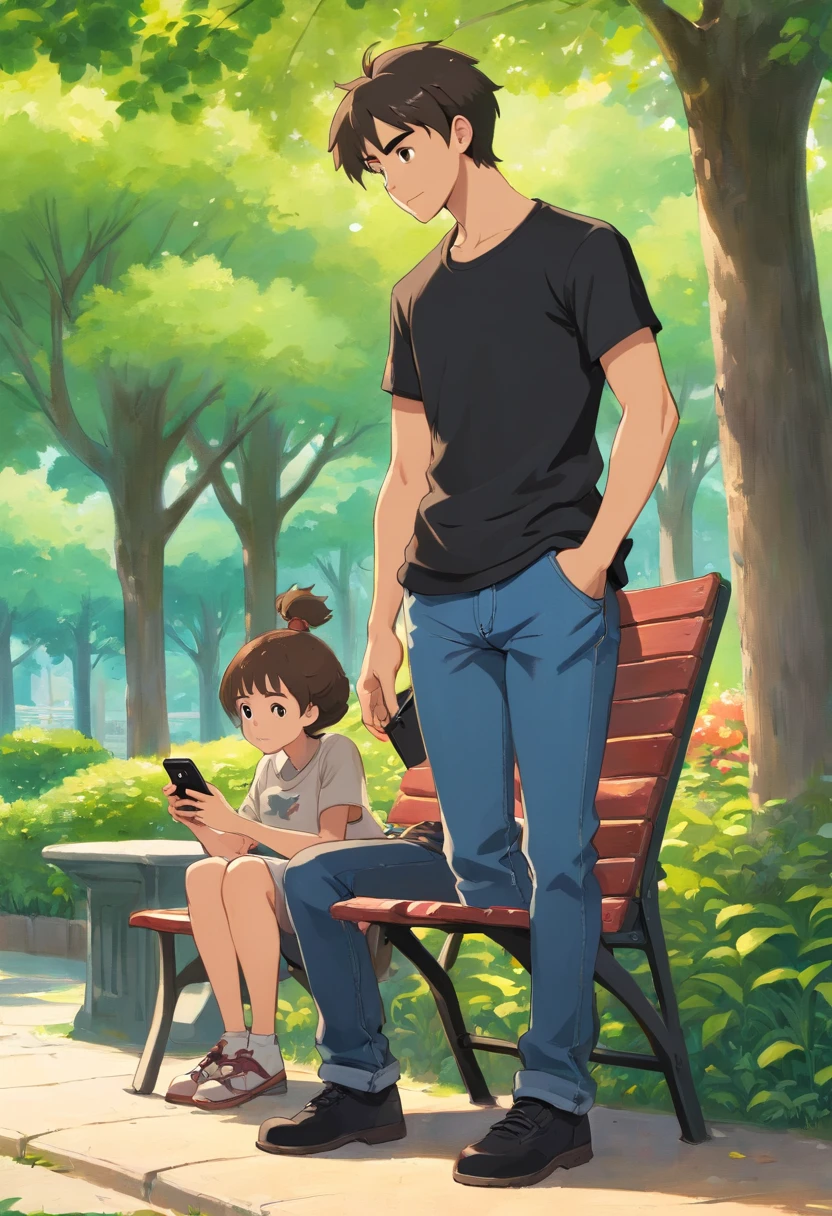 a young man with black t shirt and a jeans , standing on the side of a park chair , holding his phone with one hand and using him , a bit far from him there is an old woman that fell on the ground , side view