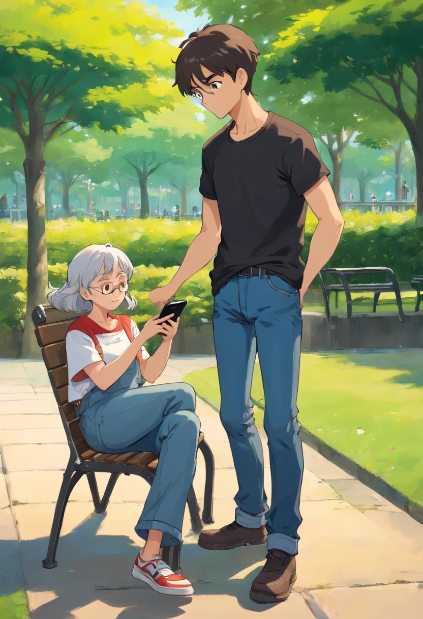 a young man with black t shirt and a jeans , standing on the side of  a park chair , holding his phone with one hand and using him  , a bit far from him there is an old woman that fell on the ground , side view