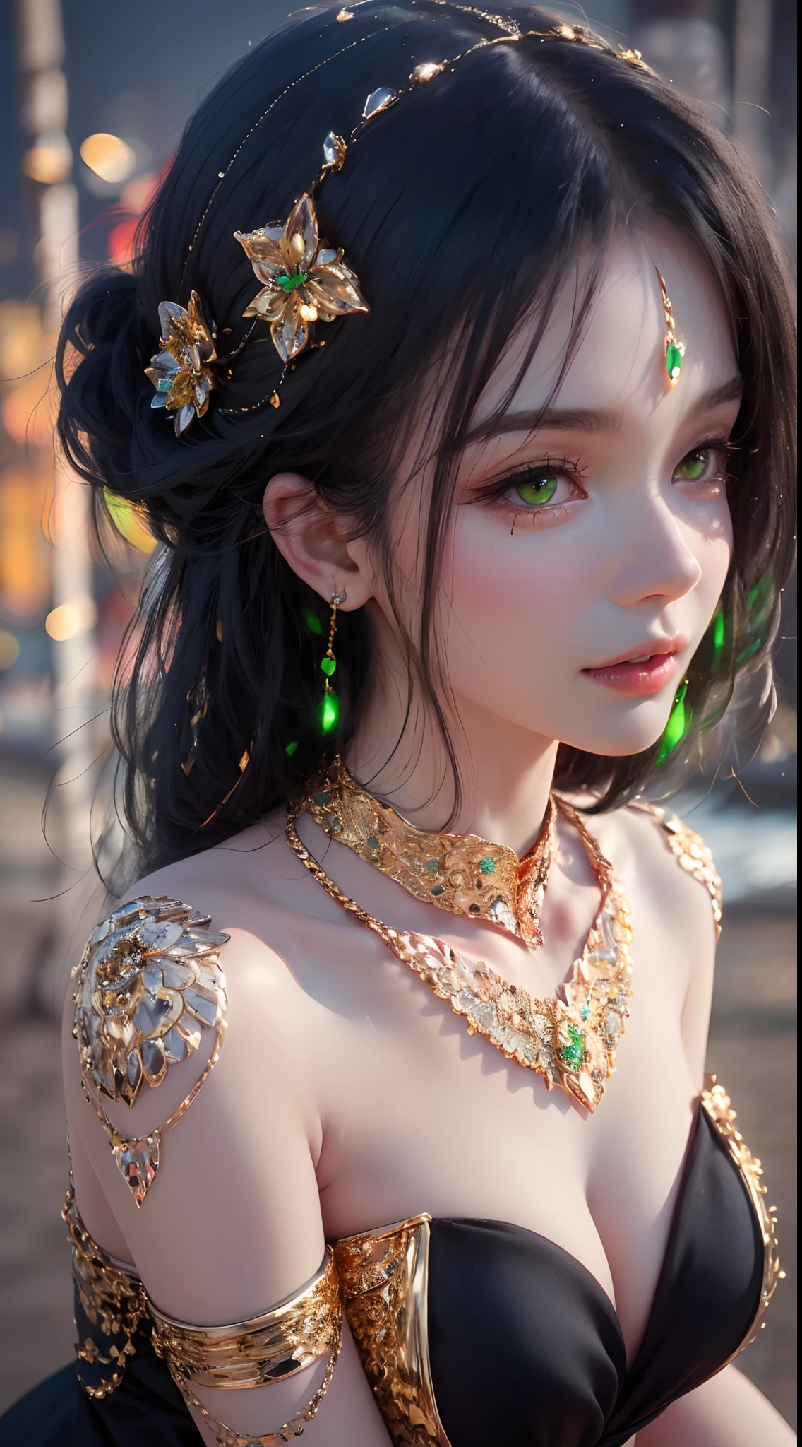 1 beautiful young princess, ((beautiful princess no longer a :1.8)), ((wearing a black armored dress with gold trim in ancient hanfu style:1.6)), (((Exquisite patterns on the skirt:1.6))), ((braided hair with long black bangs: 1.6)), ((long bangs:1.6)), ((hair jewelry:1.9)), ((upper body gold jewelry:1.9)), ((Very delicate gold necklaces:1.7)), ((earrings with emeralds:0.8)), noble, noble style of an extremely beautiful girl, super cute little face, very pretty face, fur thin eyebrows, flawless beautiful face, ((black eye pupils: 0.8)), very beautiful eyes, ((green eyes eyes: 1.6)), beautiful makeup and detailed hairdo, eyelashes, eye makeup wet, high nose, earrings, red lips, ((closed mouth: 1;5 )) beautiful lips, slim hands, ((arms spread out to the sides: 1.7)), rosy face, clean face, flawless beautiful face, smooth white skin, firm breasts, nice cleavage, ((super big and round breasts: 1.6)), beautiful breasts, perfect body, ((Sit back and puff out your chest, arms behind you:1.6)), 8k photos, super high quality, super realistic, super 10x pixels, optical, bright studio, bright edges, two-tone lighting, (high detail skin:1.2), super 8k, soft lighting , high quality, volumetric light, optical, optical high resolution, light, best photo, 4k, 8k quality, blur effect, smooth sharpness, 10 x pixels, ((beach at night background:1.5)), aurora, lightning, super realistic graphics, most realistic graphics, alone, solo, Extremely sharp, surreal images, (((frontal portrait: 1.3)))."