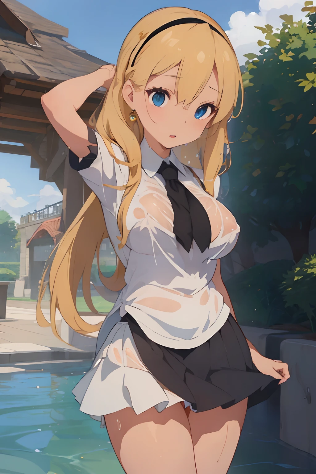 (masterpiece、top-quality;1.3)、ighly detailed、3女の子、atlibrary、Black Hair Band、Blonde long hair、big breast beauty、a miniskirt、The crotch is wet、Orgy、Rape