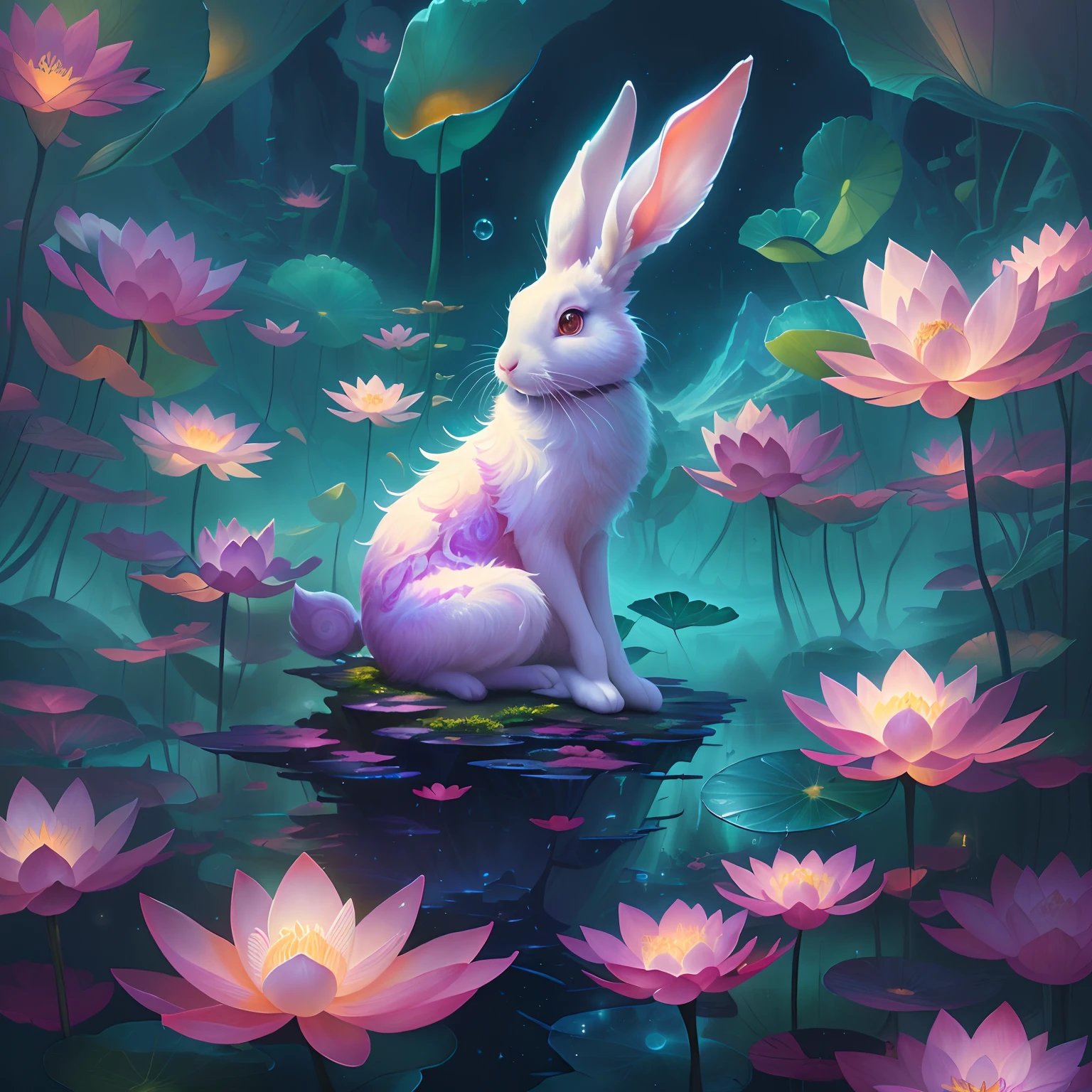 Translucent ethereal rabbit,Fantastic transparent ethereal freedom,Huge Full Moon,lotus flower,Lotus leaf,Far Mountain, Beeple and Jeremiah Ketner, Realistic fantasy illustration, A beautiful artwork illustration, Inspired by Cyril Rolando, digital fantasy illustration, whimsical fantasy landscape art, detailed fantasy digital art, fantasy digital painting, In the style of Cyril Rolando, 4k highly detailed digital art, magic fantasy highly detailed