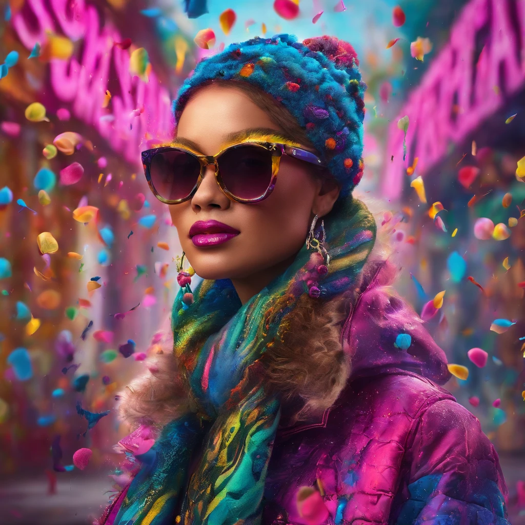 In a whimsical kawaii cafe, Kitten Fluffy, crafted from highly detailed curling, thin glowing multi-colored smoke, dons a rose flower hoodie and fancy funny stylish giant shiny sunglasses. Against a backdrop of vibrant neon typography spelling VIKUSIA, FAINOHO DNIA, capture its enchantment in a digital art masterpiece. Incorporate volumetric 3D rendering, Octane render, and vibrant graffiti elements to create a fantasy illustration that showcases its fashion-forward style. Make it pop with a poster-worthy 3D render that embraces the essence of this captivating character ((stunningly tantalizing view)). 3D, highly detailed, sharp focus, 8K, ultra quality, UHD, crystal clear, bokeh. Black magic Pocket Cinema Camera 6K Pro with Sigma 18-35mm f/1.8 DC HSM Art lens Canon EOS 5D Mark IV camera with a Canon EF 24-70mm f/2.8L II USM lens --ar 9:16 --v 5.2 --s 750, architecture, vibrant, wildlife photography, portrait photography, fashion, cinematic, typography, 3d render, poster, photo