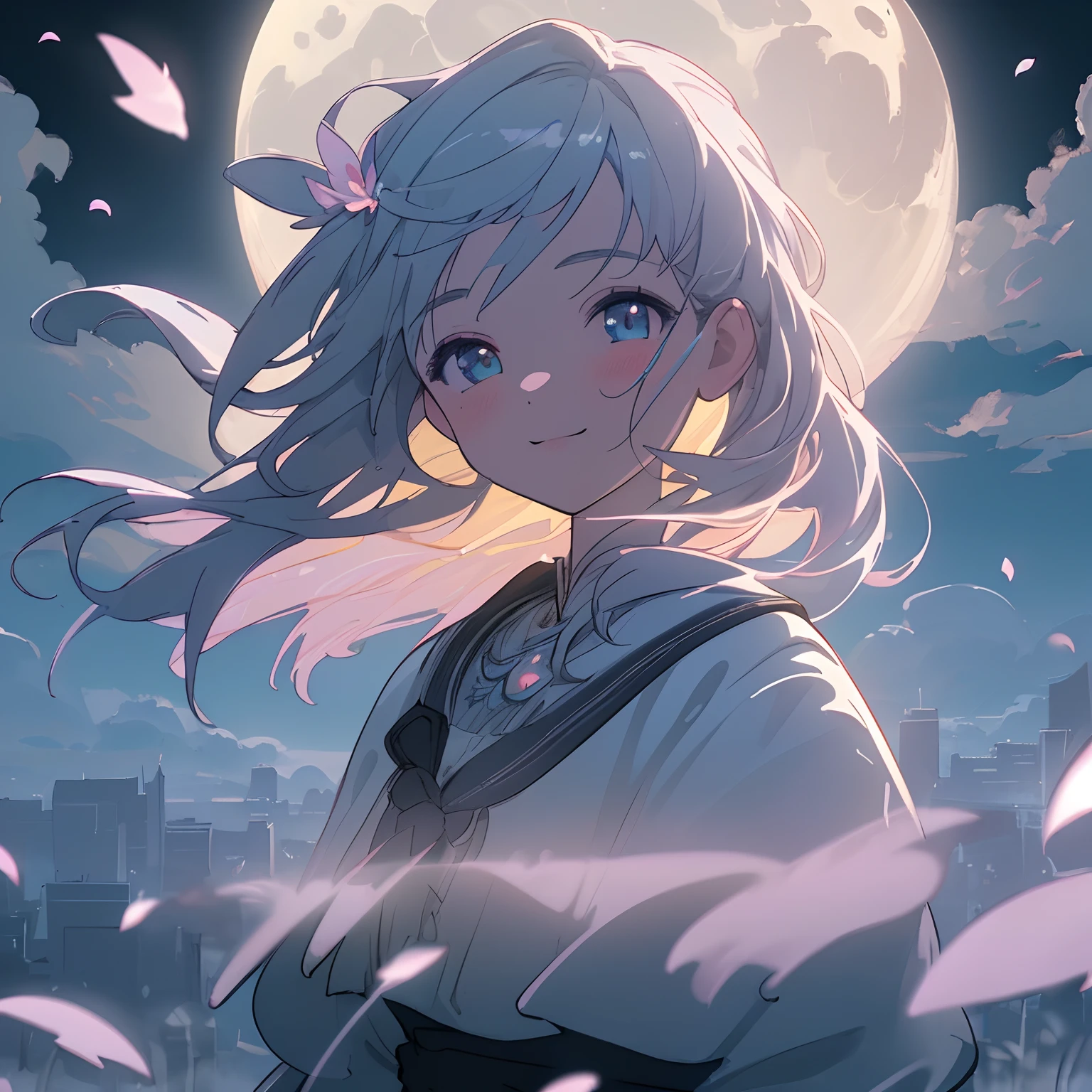 masterpiece, best quality, 1girl, (colorful),(finely detailed beautiful eyes and detailed face), cinematic lighting, bust shot, extremely detailed CG unity 8k wallpaper solo, smile, intricate skirt,((flying petal)),(Flowery meadow) sky, cloudy sky, building, moonlight, moon, night, (dark theme:1.3), light