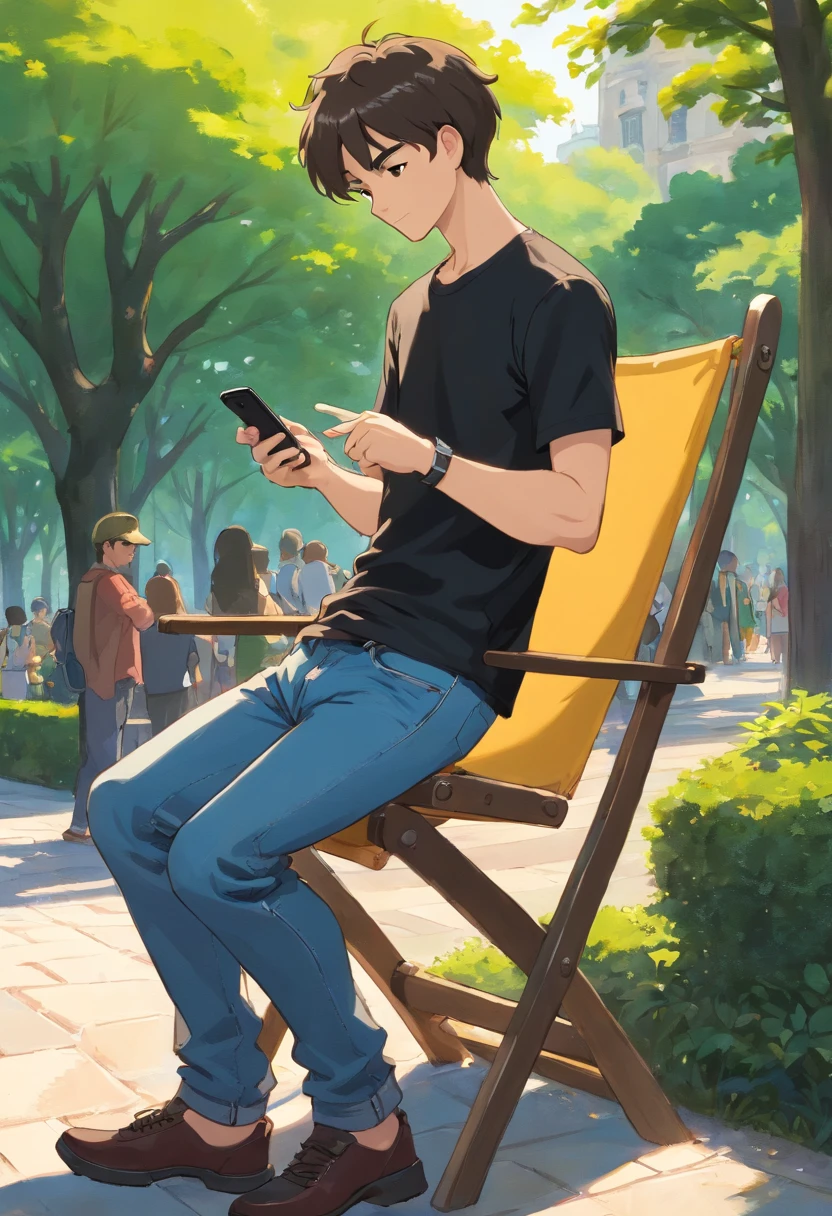 a young man with black t shirt and a jeans , standing on the side of a park chair , holding his phone with one hand and using him , , side view