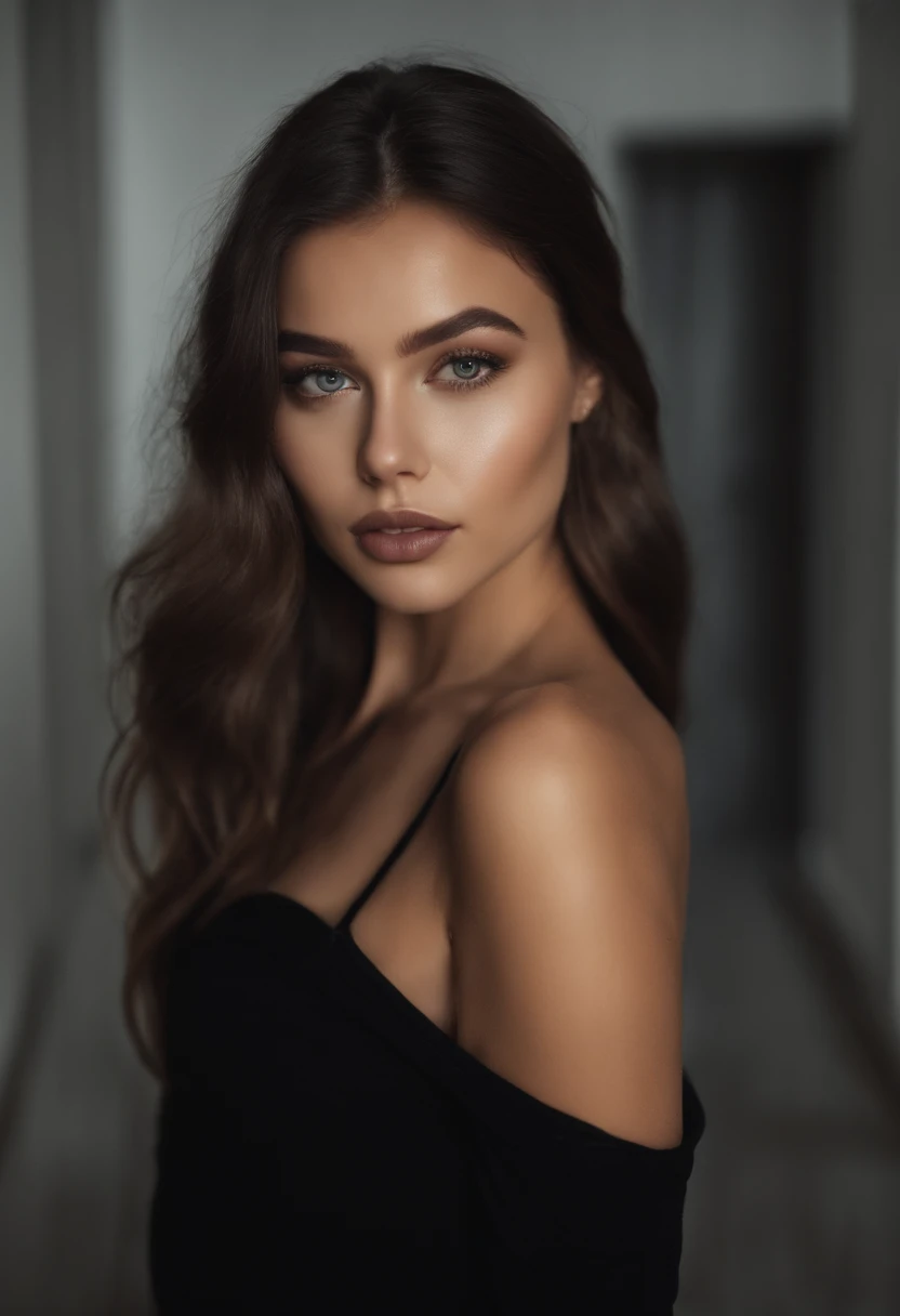 Arafed woman with black clothes, fille sexy aux yeux bruns, Portrait Sophie Mudd, cheveux bruns et grands yeux, selfie of a young woman, Yeux de chambre, Violet Myers, sans maquillage, maquillage naturel, looking straight at camera, Visage avec Artgram, Maquillage subtil, Superbe photo du corps entier, dans la chambre, clivage cuir