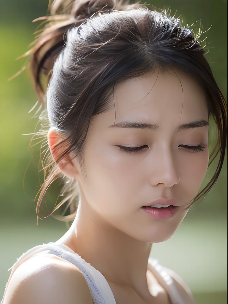 Japan models who are addicted to masturbation, experiencing extremely strong sexual pleasure, hair in bun, Wet white skin, Closed eyes, (realistic photo shot:1.4), (Hyper-realistic:1.4), (Realism:1.3)