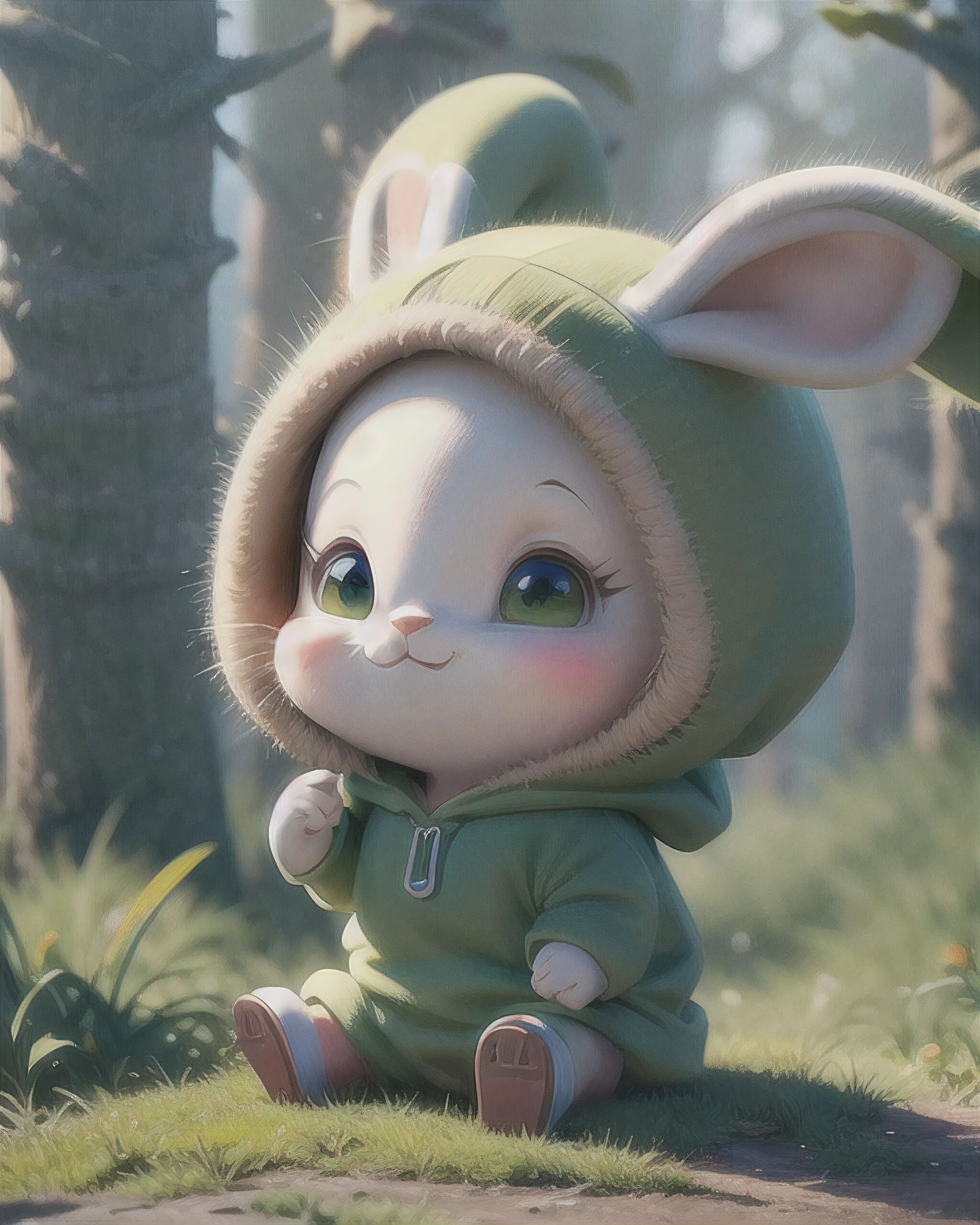 little cute milo bunny wearing a green hoodie mouth open about to bite a carrot, cartoon character, bright lighting, vivid colors, carrots growing in the forest, disney and pixar style, tilted head showing curiosity,