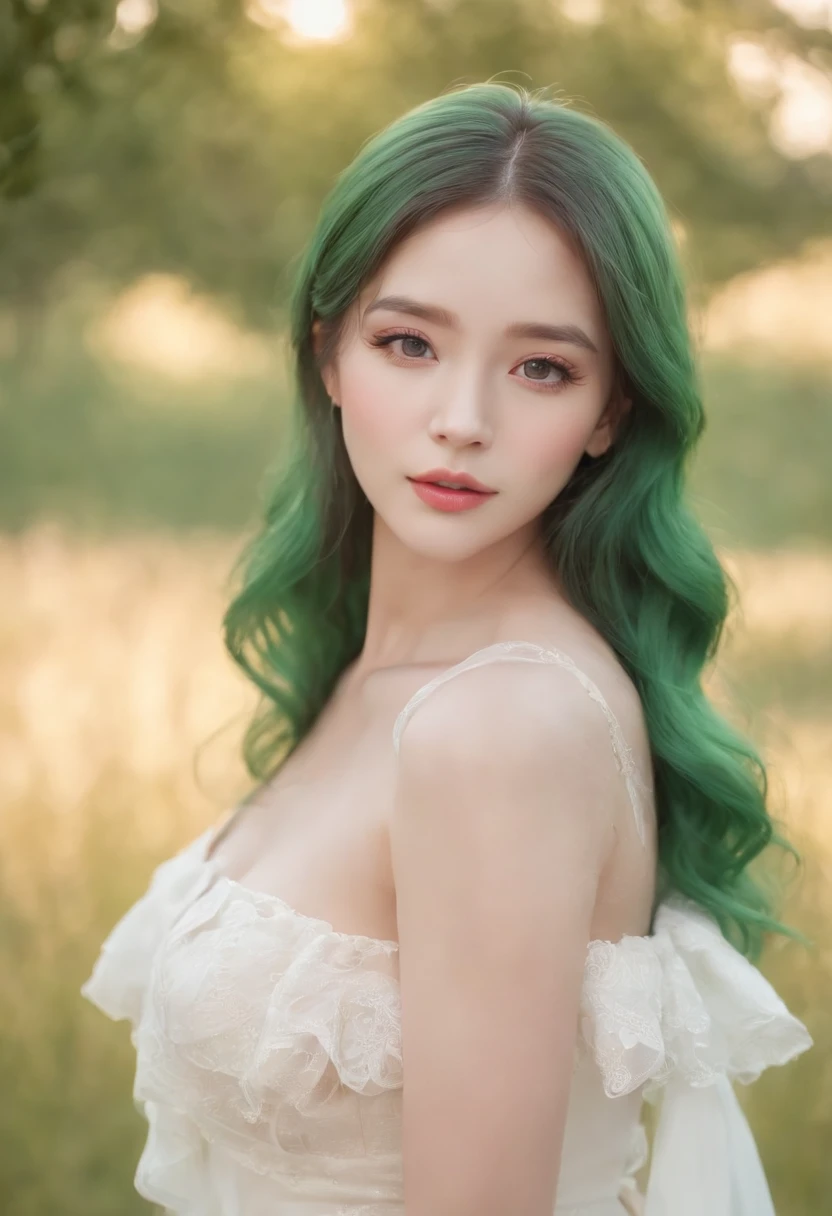 Green hair color,long,waved hair,Big, Refreshing green eyes,bangss,angelicales,Women around 20 years old,holy,Deities々Right,Eyes closed,Angel wings,Circle of Angels,Turning around,White Dress,grass field,the morning sun,Red Rose,Crystal clear white skin,snow-white lips,Passed nasal muscles,Pink blush,kirakira