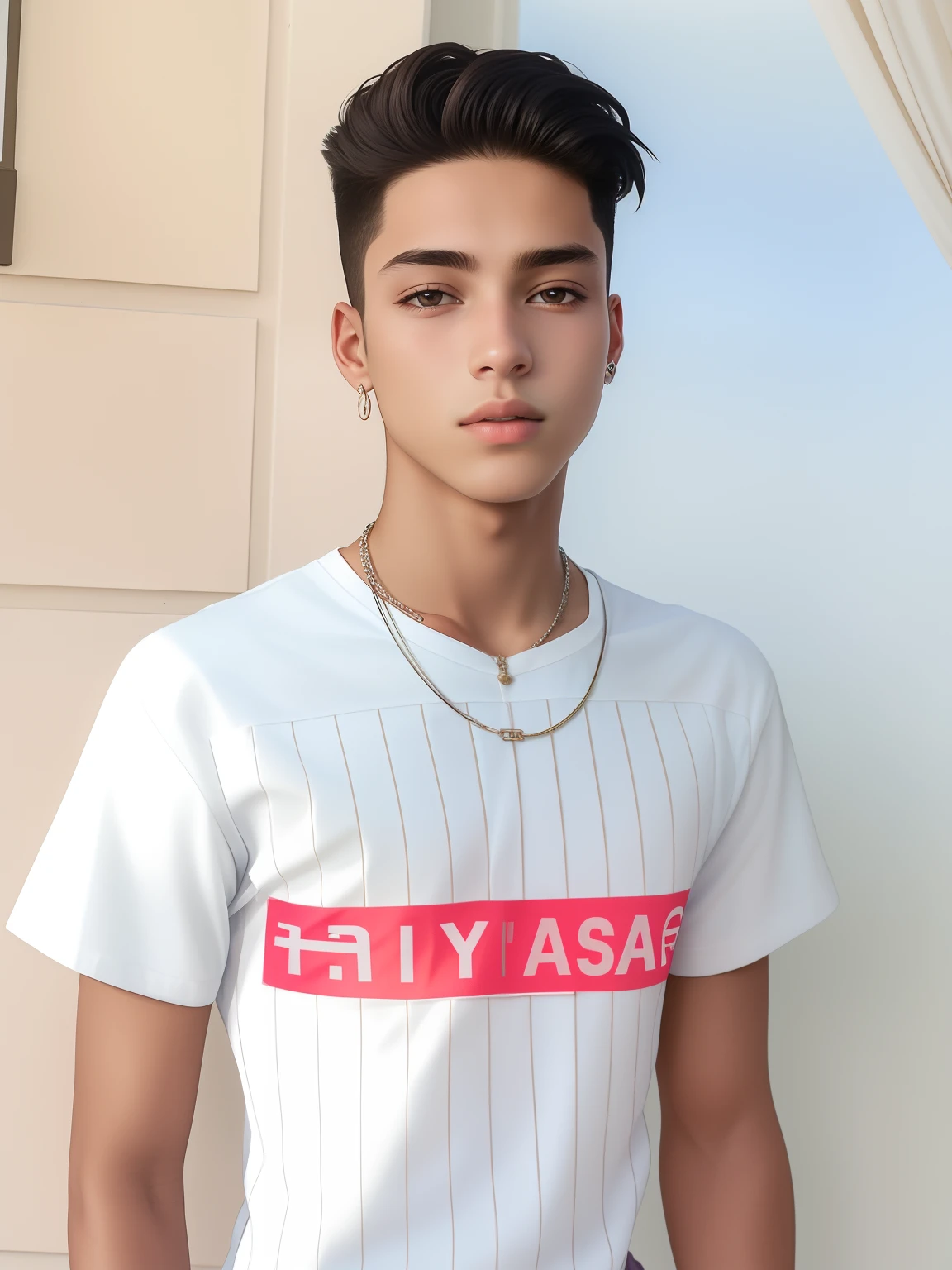 arafed young man with a white shirt and a chain around his neck, tommy 1 6 years old, 18 years old, male teenager, 1 6 years old, twink, androgynous male, inspired by Jacob Pynas, 1 7- year - old boy thin face, cute young man, riyahd cassiem, perfect face and boy