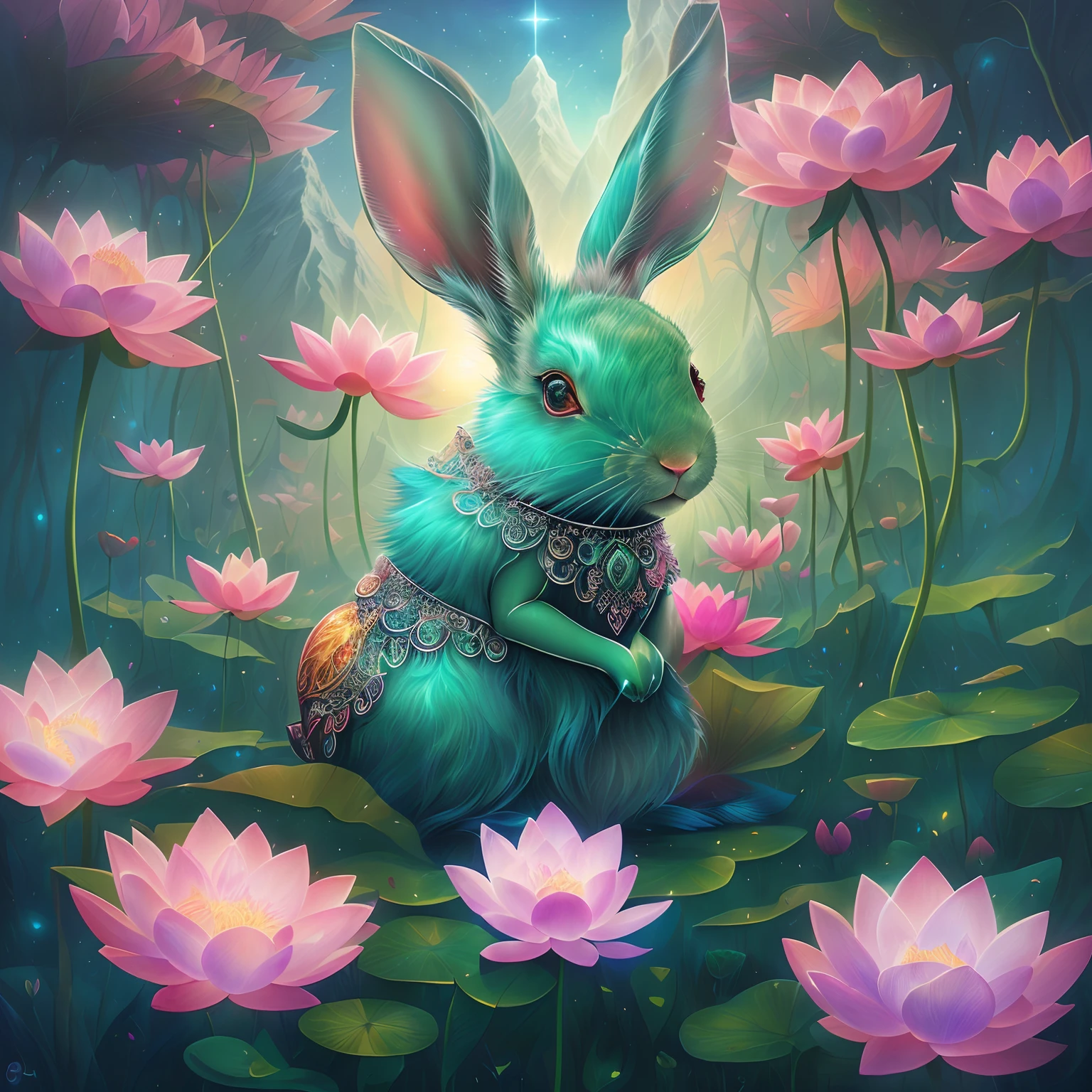 Translucent ethereal rabbit,Fantastic transparent ethereal freedom,Huge Full Moon,lotus flower,Lotus leaf,Far Mountain, Beeple and Jeremiah Ketner, Realistic fantasy illustration, A beautiful artwork illustration, Inspired by Cyril Rolando, digital fantasy illustration, whimsical fantasy landscape art, detailed fantasy digital art, fantasy digital painting, In the style of Cyril Rolando, 4k highly detailed digital art, magic fantasy highly detailed