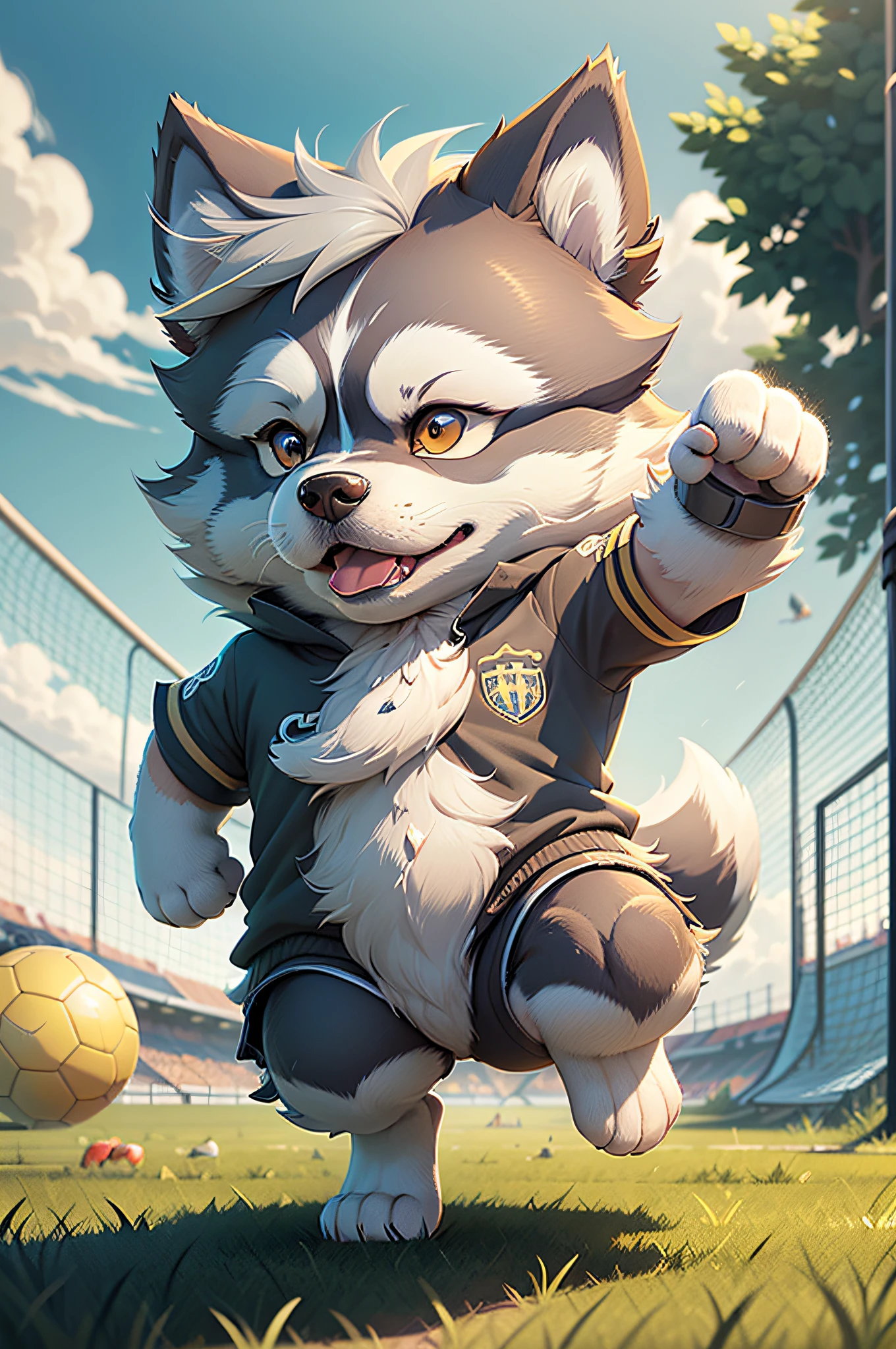 C4tt4stic,Siberian Husky dog in the cartoon of the legendary club soccer player kicking a soccer ball（The specifics of the appearance of the Siberian Husky Province、Body hair is light gray）