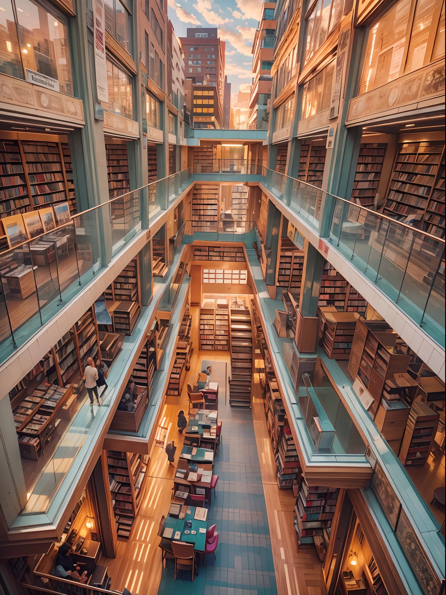 In the heart of a busy city lies a library, Urban, Knowledge hub, Architectural marvel, Oasis of calm, Reading haven, Wide-angle lens, Golden hour, just before sunset, Urban landscape, Captured by Sarah Williams.