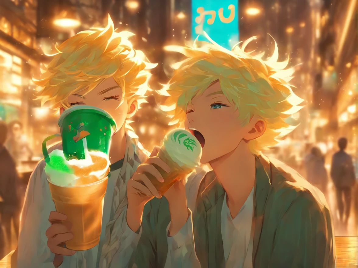 illustration , Two men drinking frappuccino at starbucks, blondehair, happy --ar 3:2 --style cute