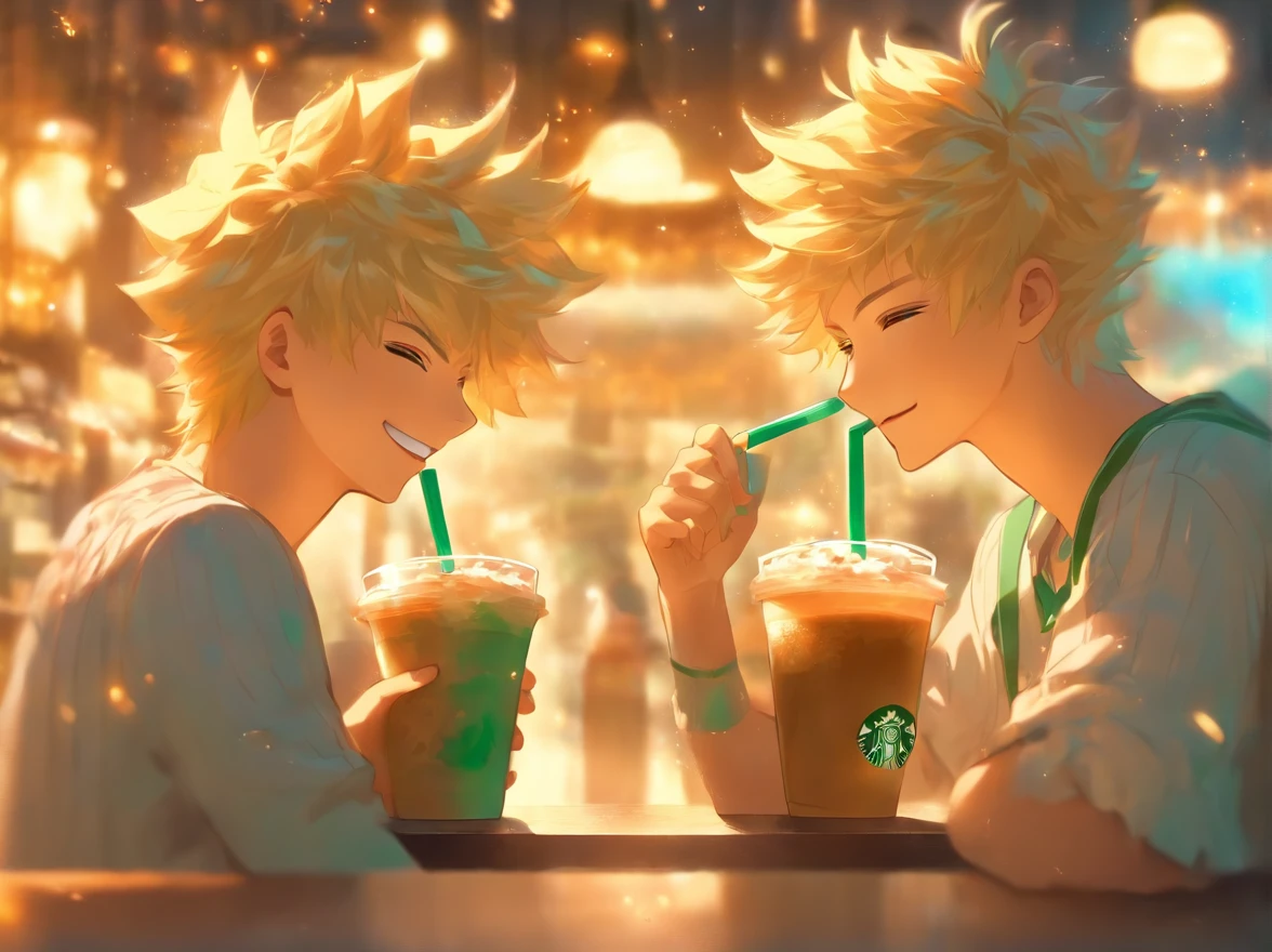 illustration , Two men drinking frappuccino at starbucks, blondehair, happy --ar 3:2 --style cute