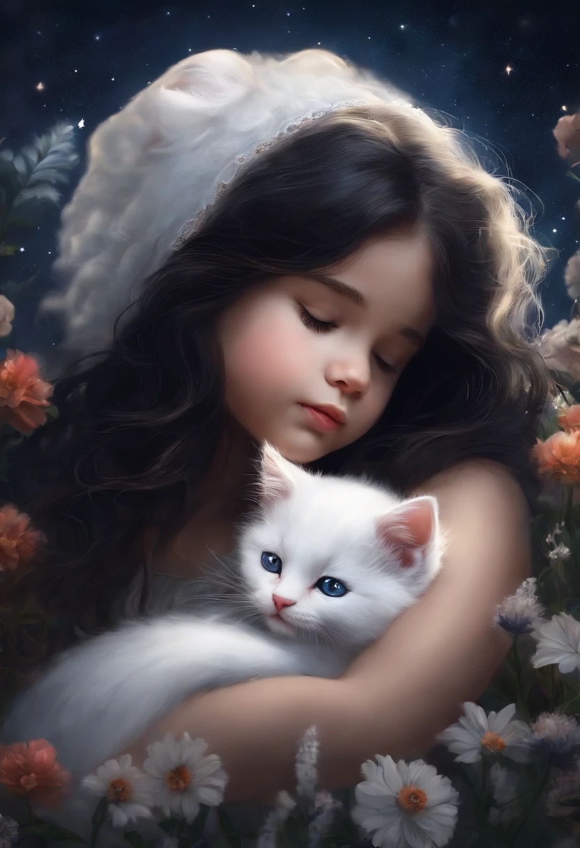 A and a fluffy white kitten, flowers, sleeping, long black hair, night, starry sky