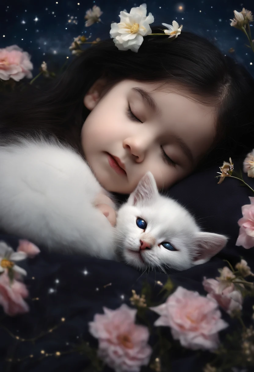 A and a fluffy white kitten, flowers, sleeping, long black hair, night, starry sky