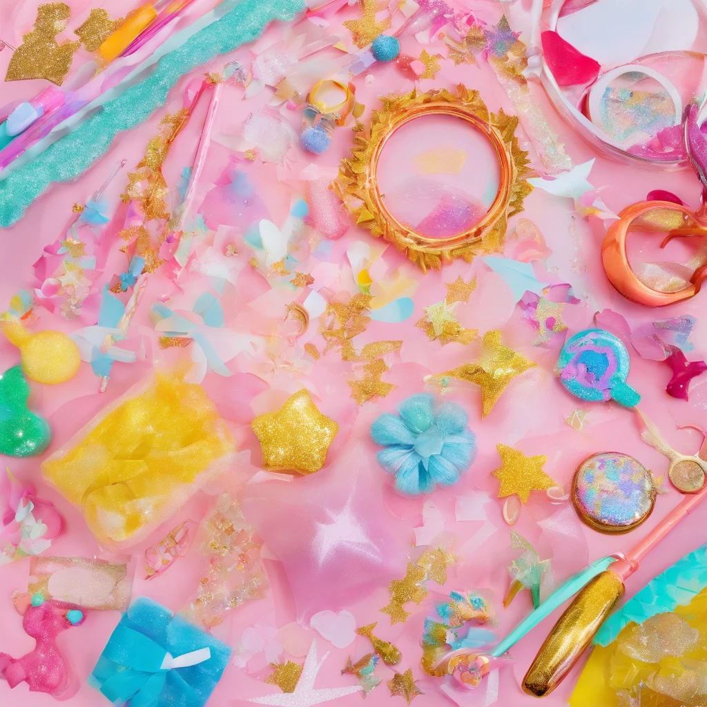 lots of girl toys glitter cute magical girl makeover items plastic toys magic wand magic compact pastel colors pop art