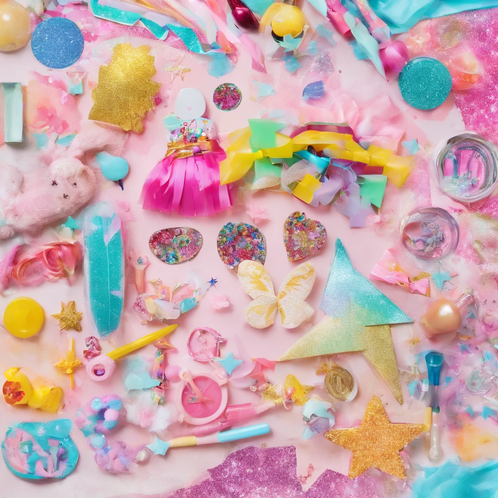 lots of girl toys glitter cute magical girl makeover items plastic toys magic wand magic compact pastel colors pop art