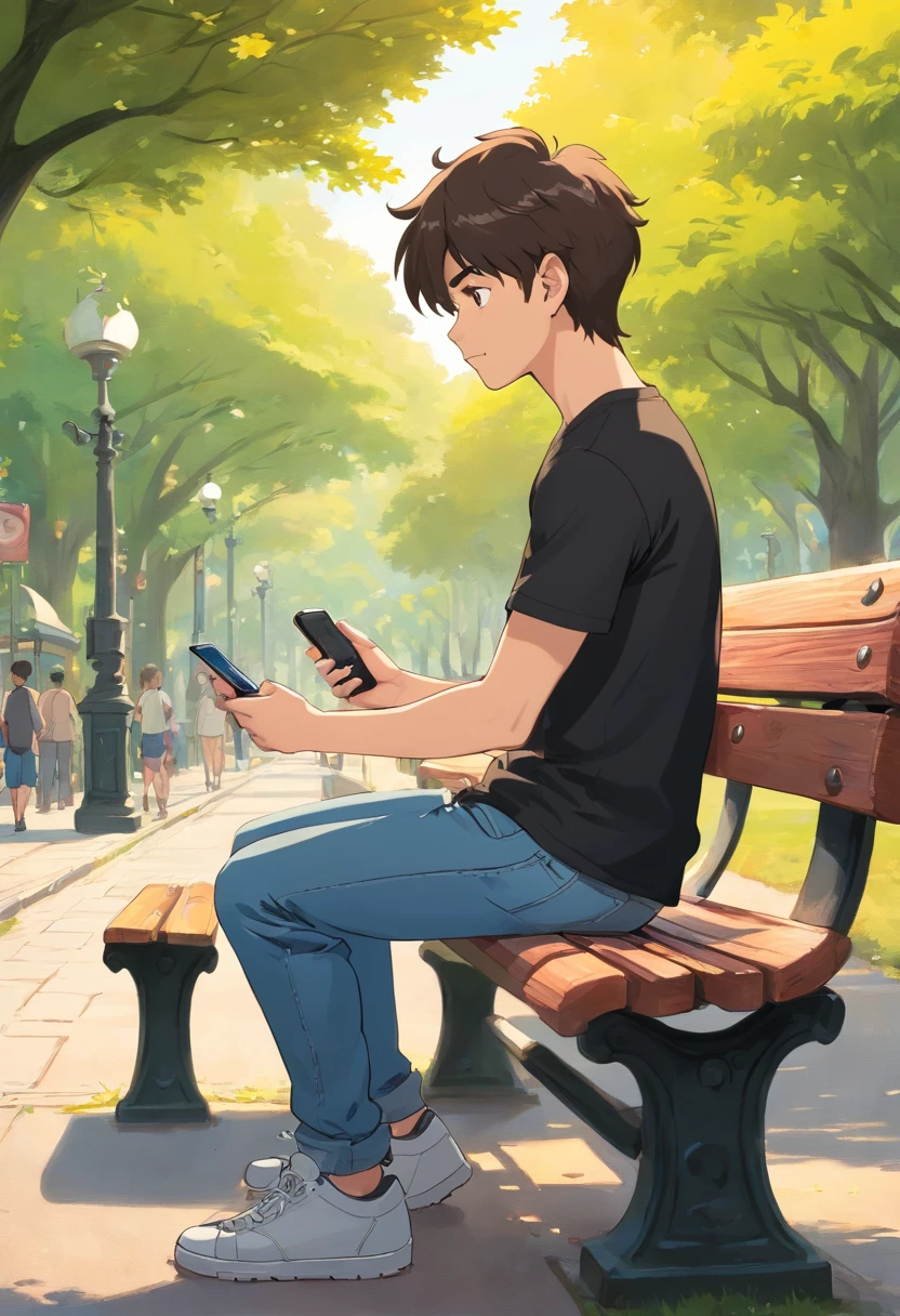 a young man with black t shirt and a jeans , standing on the side of a park bench , holding his phone with one hand and using him , camera view is side view