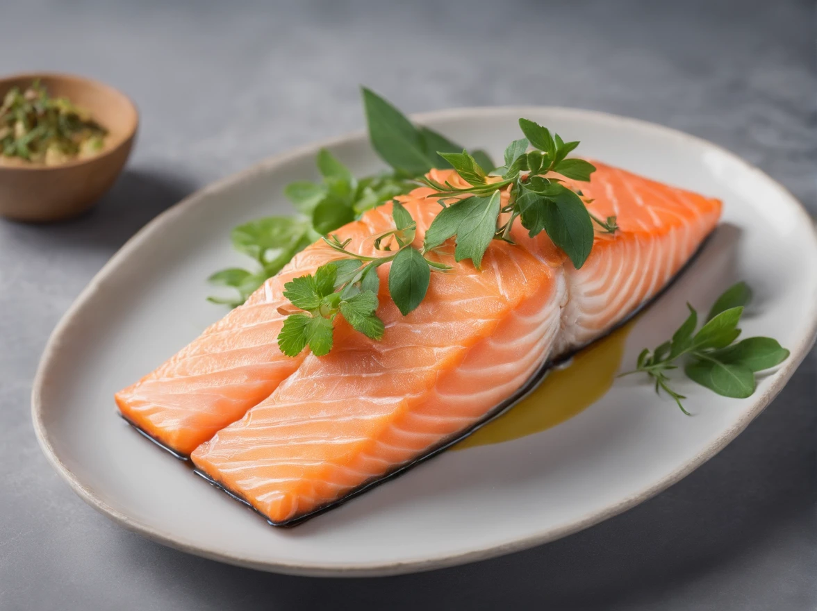 4k high quality, 8k ultra high resolution, beautiful photo,
Herb Roasted Salmon, restaurant table