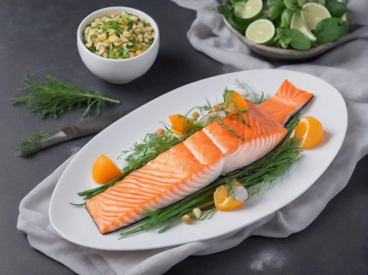 4k high quality, 8k ultra high resolution, beautiful photo,
Herb Roasted Salmon, restaurant table