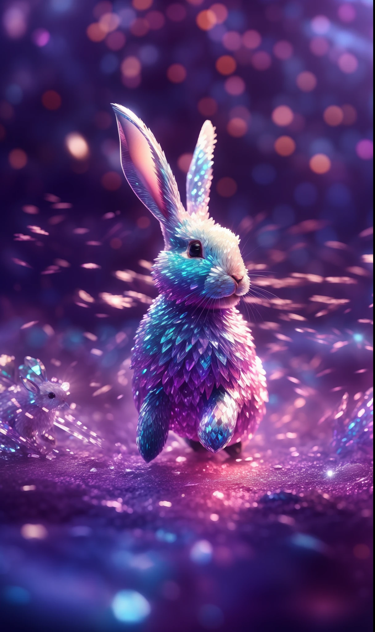 crystals fantasy，closeup cleavage，Crystal rabbit running on the lake，fanciful， galactic， cleanness，glitters， bokeh， glittery， Amazing， Colorful， shallowdepthoffield， magic photography， dramatic  lighting， photorealisti， hyper-detailing， 4K， depth of fields， A high resolution