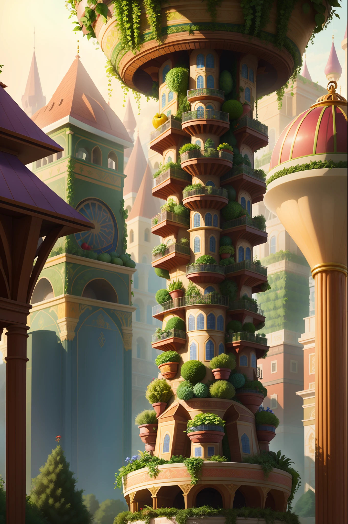 there is a large tower of fruits and vegetables in the garden, vertical vegetable gardens, garden with fruits on trees, fruit trees, with fruit trees, unusual composition, manicured garden of eden, permaculture, beautifully composed, lush garden spaceship, lush gardens hanging, vertical gardens, elaborate ornate growth, abundant fruition seeds, garden at home, backyard garden, full growth