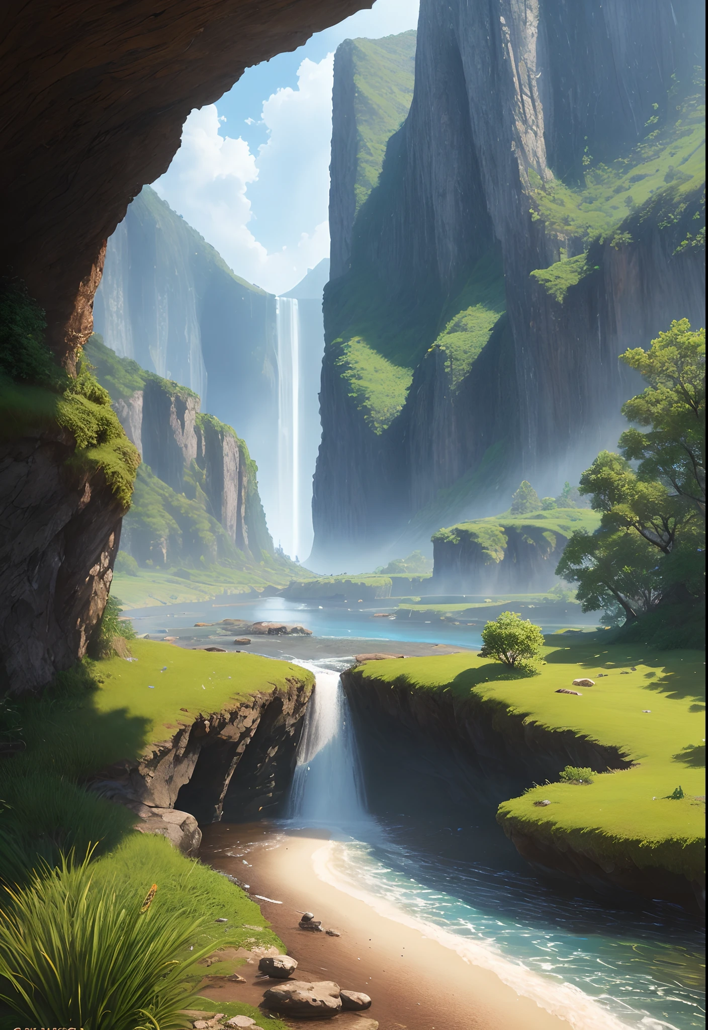 there is a waterfall flowing down a hill with a green field, waterfall in the background, waterfalls in the background, waterfall in distance, waterfall in background, waterfall backdrop, waterfall background, stunning nature in background, alien waterfall, photorealistic landscape, realistic fantasy render, waterfalls in distance, next to a waterfall, beautiful render of a landscape, avatar landscape, canyon background
