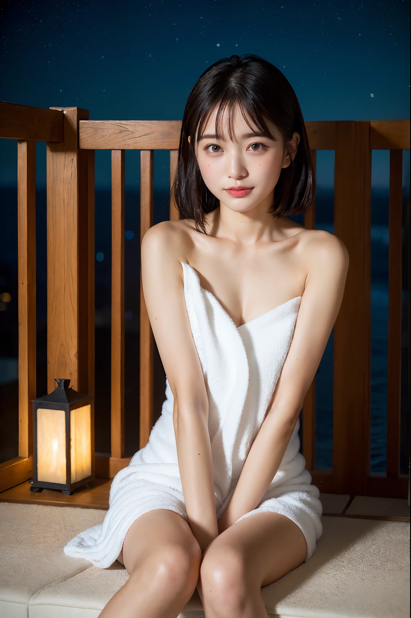 (natta:1.7), East Asian Architecture, 1womanl,Sitting on tatami mats, brunette color hair，（hair between eye）, Lip flap,  (:1.3),(Beautiful shiny straight short long:1.3),Beautiful fingers,Beautiful long legs,Beauty Body，Cute nose，Beautiful character design，perfect  eyes，face perfect，looking at viewert，（Innocent_Big_Eyes：1.0），（light_Smile：0.3），offcial art，Very detailed CG Unity 8K wallpaper、Bright_front_Face_Lighting，（tmasterpiece:1.0),(best_quality:1.0), 超A high resolution,4K,ultra - detailed, photography of, 8K, nffsw, hight resolution, absurderes:1.2, Kodak Portra 400, film grains,  Lens Flare Glow,  (Beautiful_Face:1.5),8K,Raw photo, 、Relax at a hot spring ryokan in Japan、(The subject is my first hot spring trip with a girl:1.3) (Draw an open-air bath more widely:1.2) (Girls are not subjects:1.3) The rooms in the inn are cluttered　(Girl Standing On Balcony:1.3) (Hair after a bath:1.3),((Naked with a small handkerchief towel beside him:1.3)) ,(Hair is wet:1.3),((Beautifully depicts depth and width:1.3)),((The open-air bath is surrounded by Japan garden and large rocks, With just two small lights.:1.3)),((You can see the beautiful starry sky:1.3))(Hide your sexual zones with a small handkerchief towel in the open-air bath:1.2)(Girls are not subjects:1.3),((white tender skin:1.3)),(((Full body like:1.3))