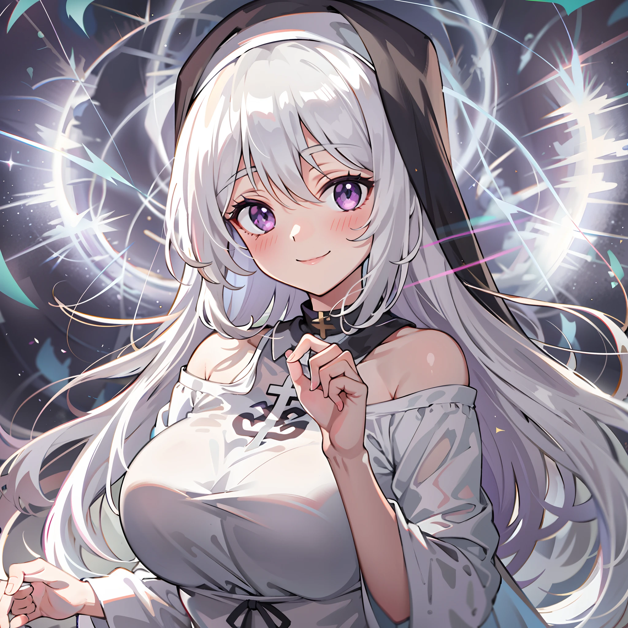 upper body, 1woman, white hair, Long Haired, purple eyes, (nun), sister, big breats, wallpaper, holy light background, light particles, hands behind the back pose, (masterpiece), best quality, closed-mouth smile, standing pose