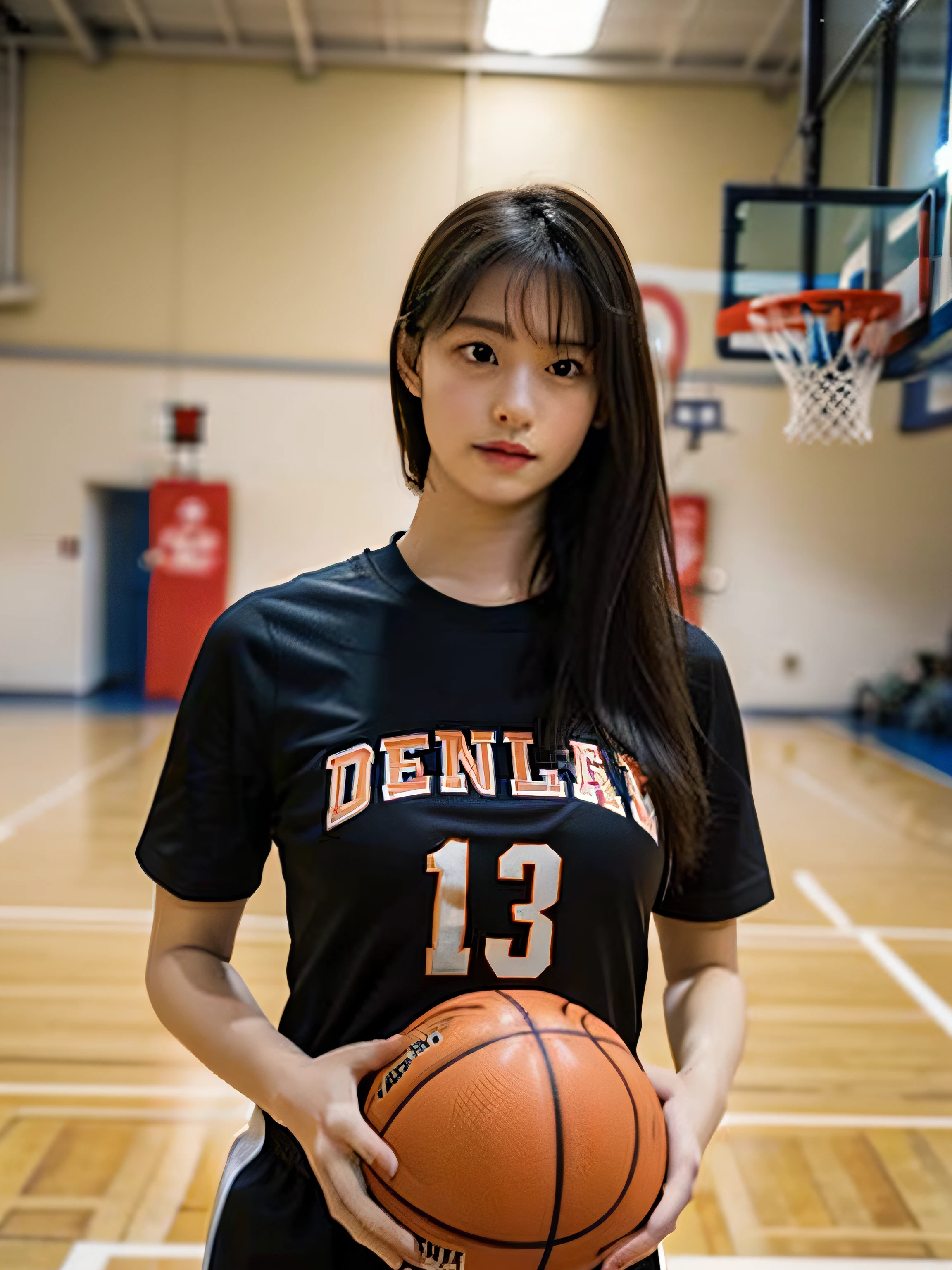 1 Girl Standing, Wearing a basketball shirt, ighly detailed, Realistic, Holding Ball, 18year old, Long hair